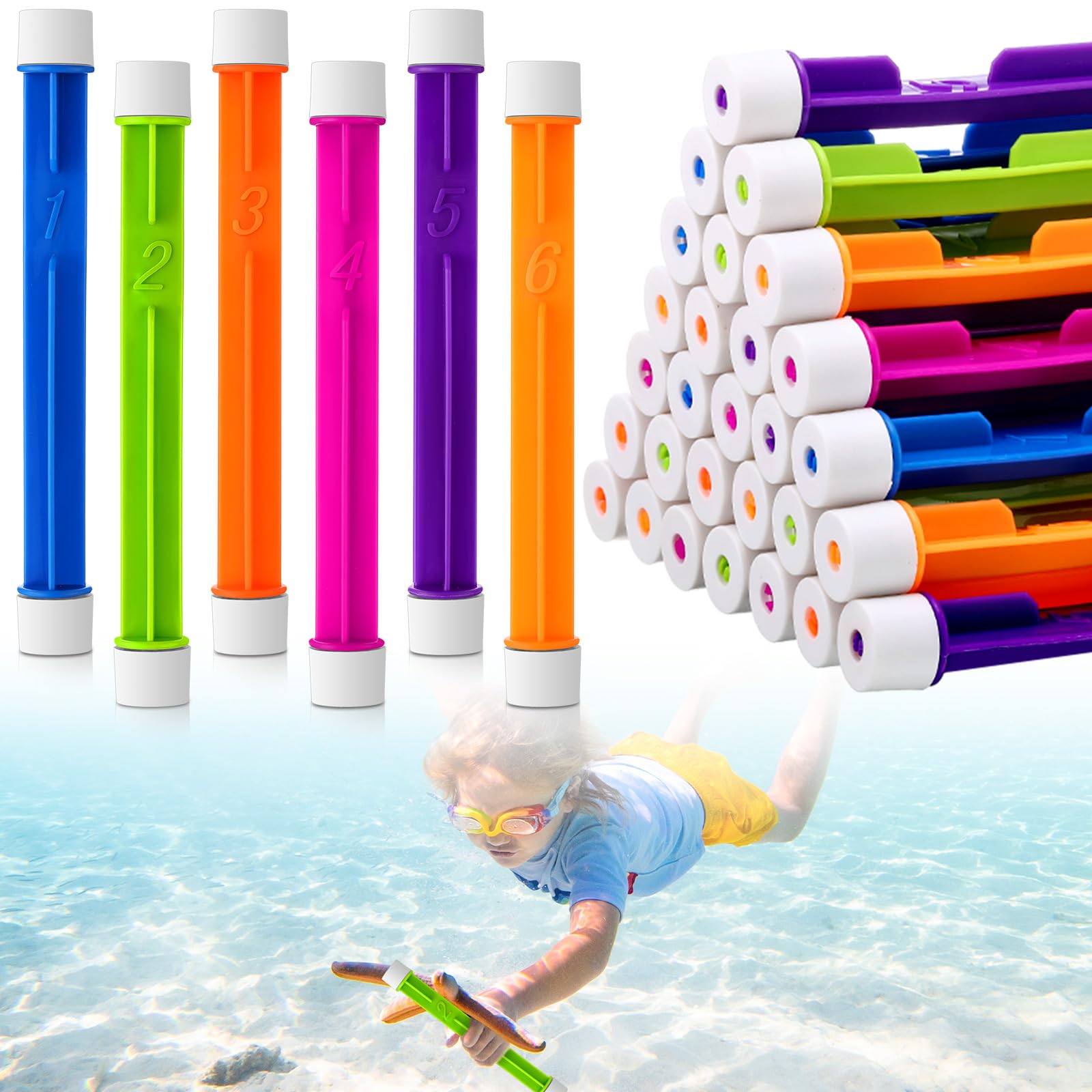 VioraWhite 60 Pcs Diving Sticks Bulk Pool Toys with Numbers Underwater Training Pool Dive Stick for Kids Fast Sinking Gift Summer Swimming Training Water Fun Games