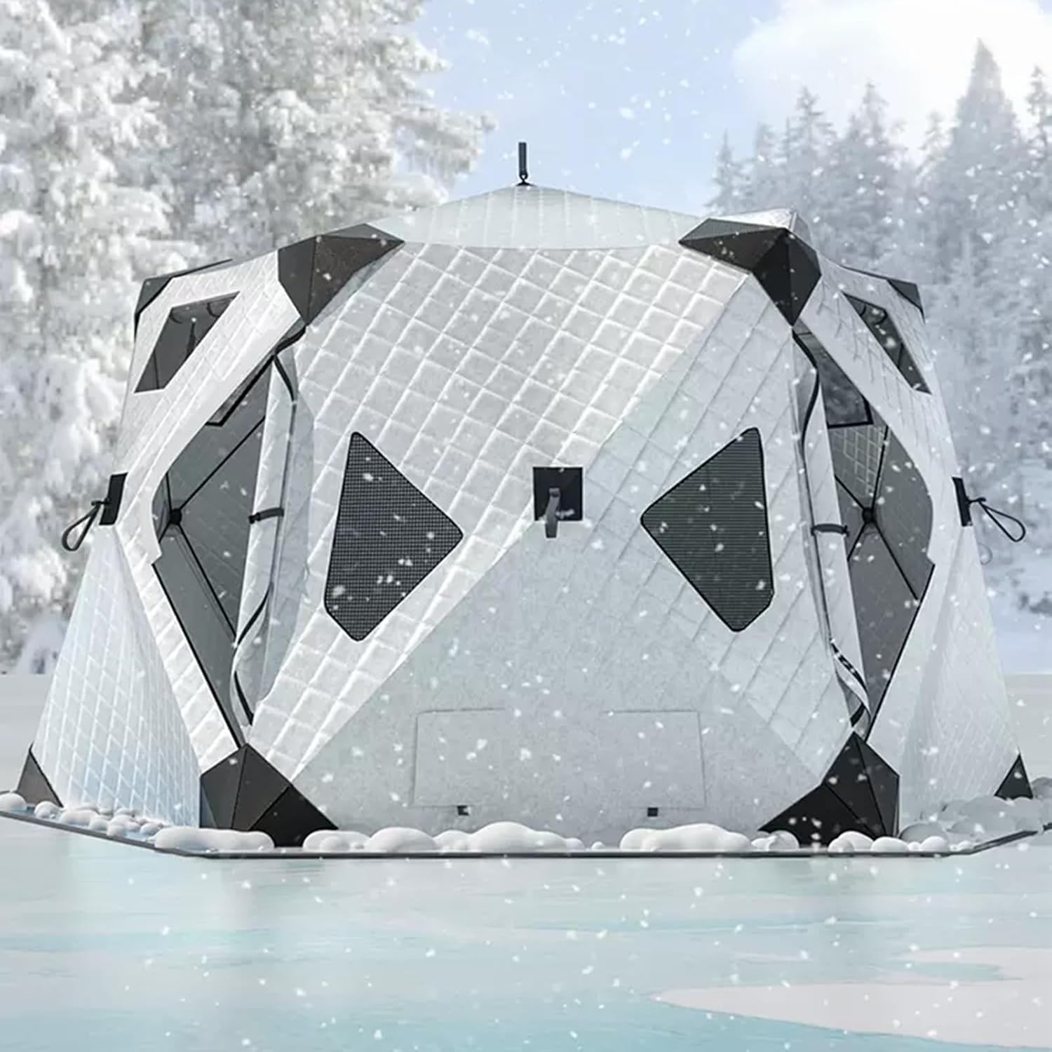 Portable Ice Fishing Shelter Tent for 3-8 People, Insulated Pop-Up Thermal Hub with Removable Floor Mat & Carrying Bag - Perfect Winter Outdoor Gear (Silver)