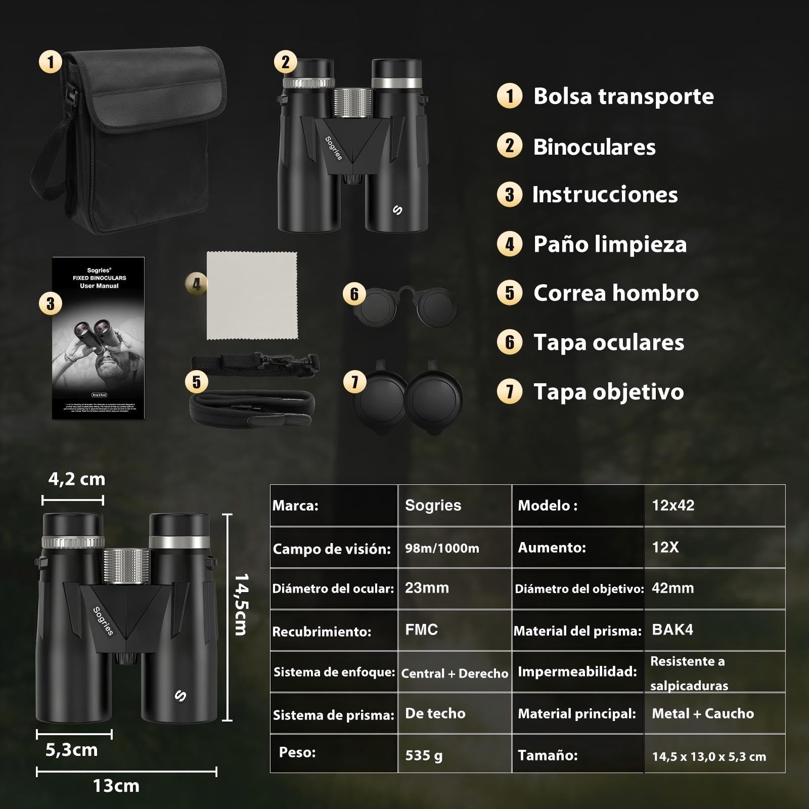 Prismáticos 12x42 Profesionales – Binoculares Pequeños y Potentes, BAK-4 FMC Alta Definición, con Adaptador para Móvil y Trípode, Impermeables y Antiniebla para Observación de Aves y Senderismo | BAK4, FMC, impermeable, a prueba de niebla, de alta potenci