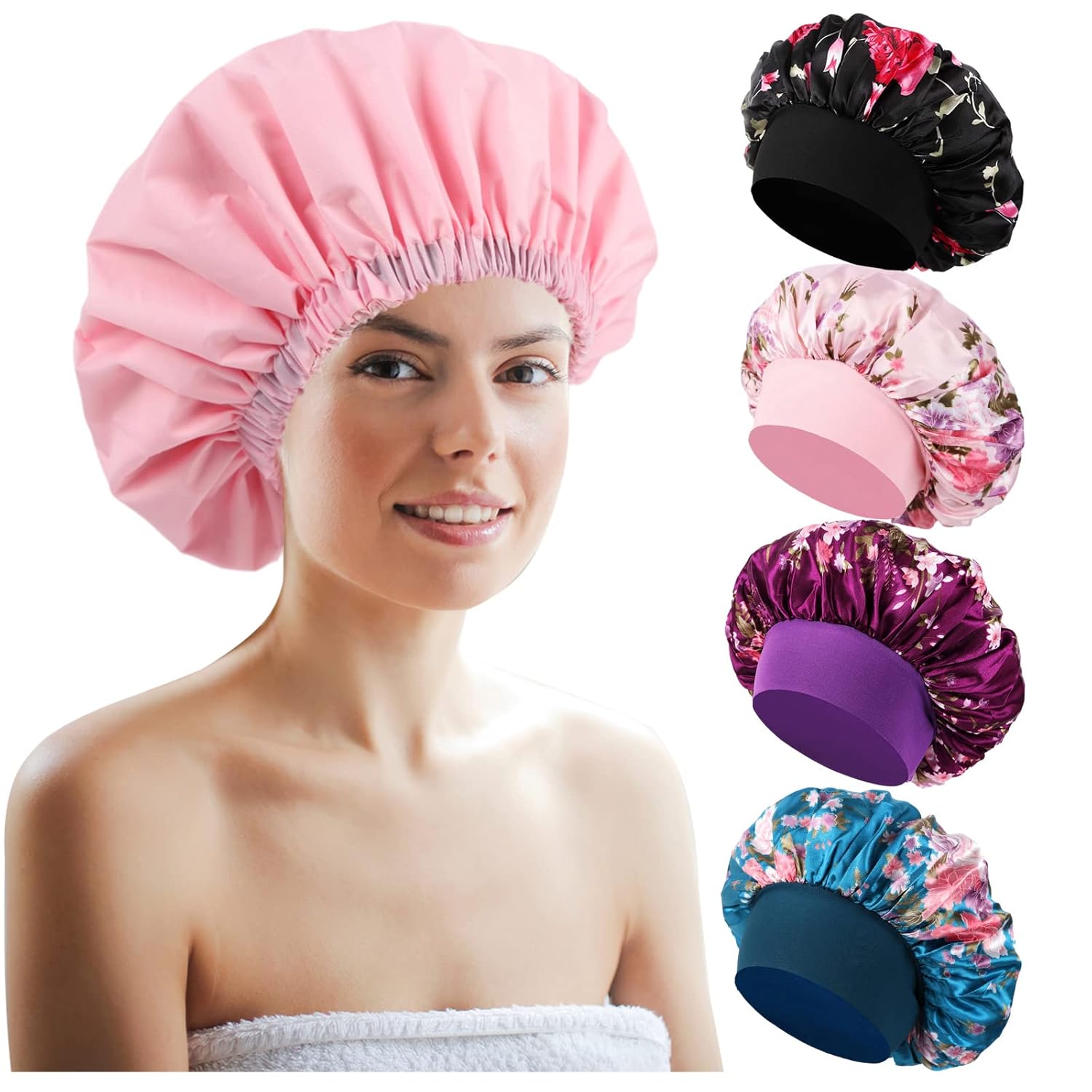 5 PCS Hair for Sleeping and Shower Cap for Women,Satin Shower