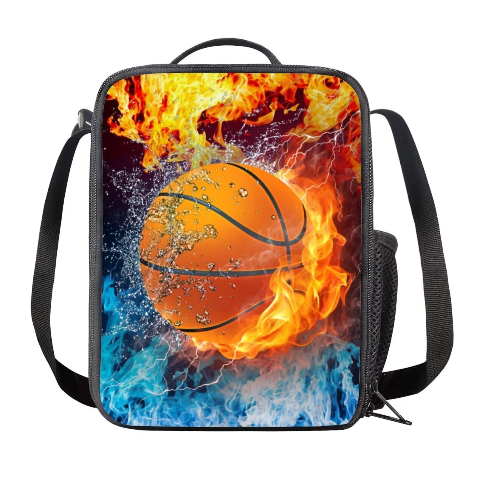 chaqlin Kids School Lunch Box Sport Fire Basketball Print Insulated Lunchbags for Teens Boys Personalised Lunch Bag Kids Lunch Cool Bag Food Container with Handle and Bottle Pocket โ image 1