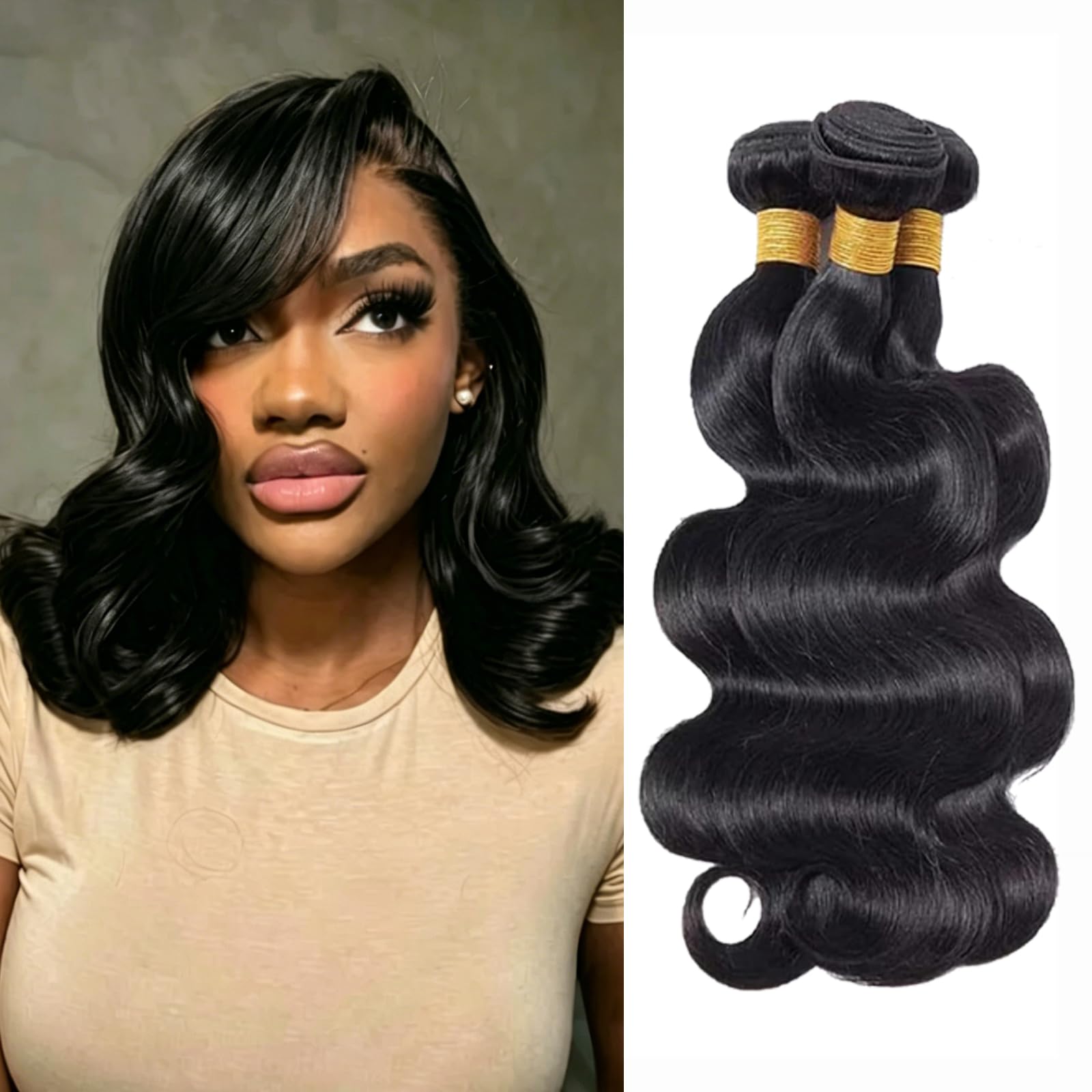 Tissage Naturel et Brésilien Body Wave 100% Cheveux Humains Human Hair Bundles Extensions Capillaires Épaisses Sans Chute Longueur Réelle - 3 Bundles Noir Naturel 10 12 14 Pouces