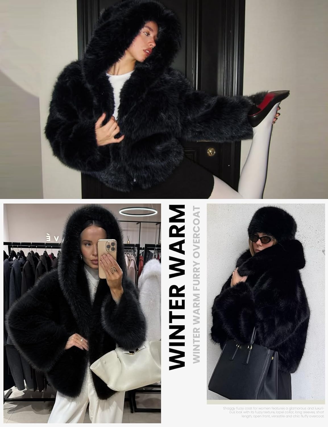 Yimoon Women's Faux Fur Coat with Hood Warm Cropped Fluffy Fur Jacket Long Sleeve Open Front Winter Jackets