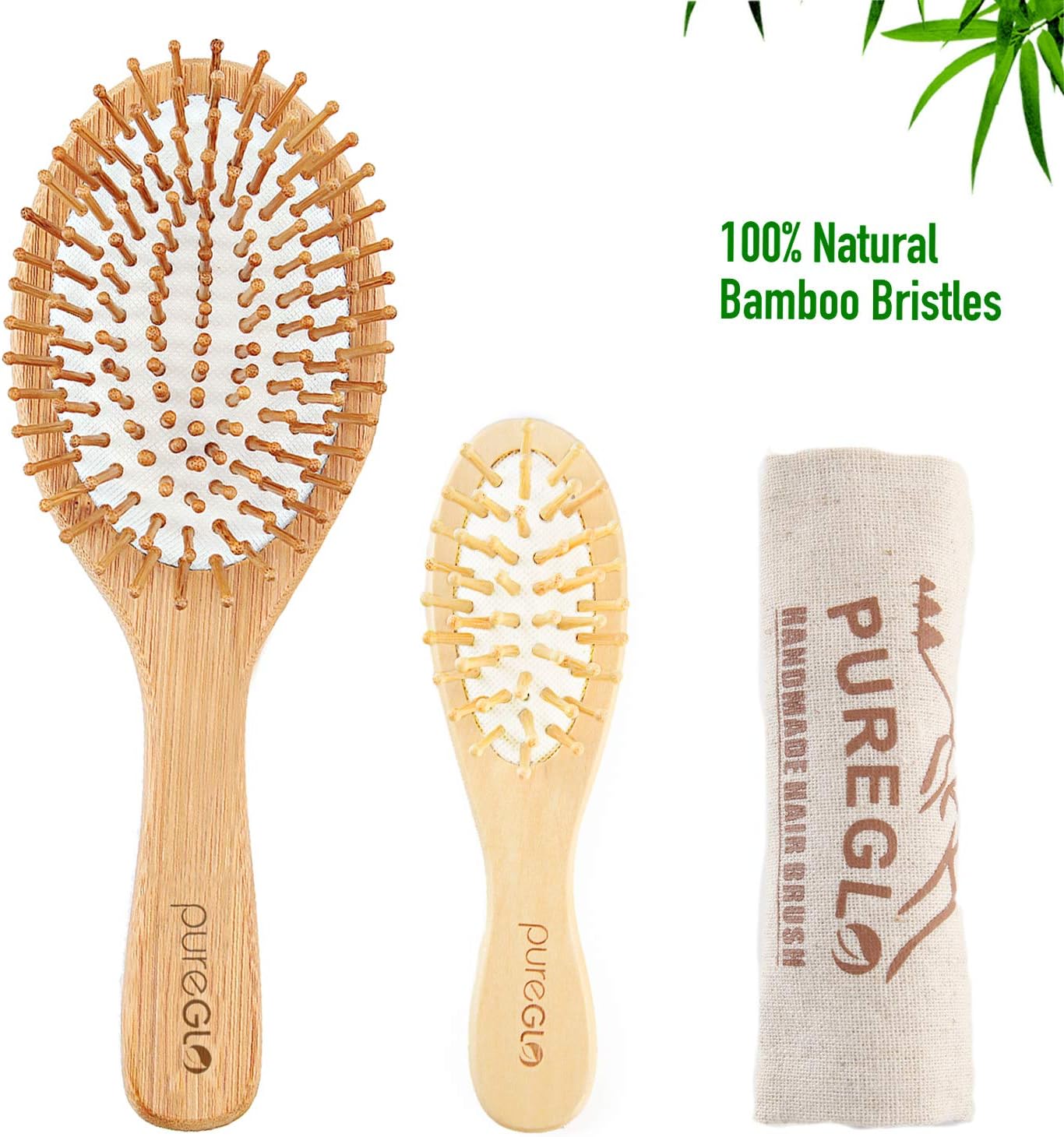 Natural Wooden Hair Brush, Best Bamboo Paddle and Bristle Detangling Hairbrush with Mini Travel Brush Set for Women Men and Kids, for Thick Fine Straight Curly Wavy Dry and Wet Hair