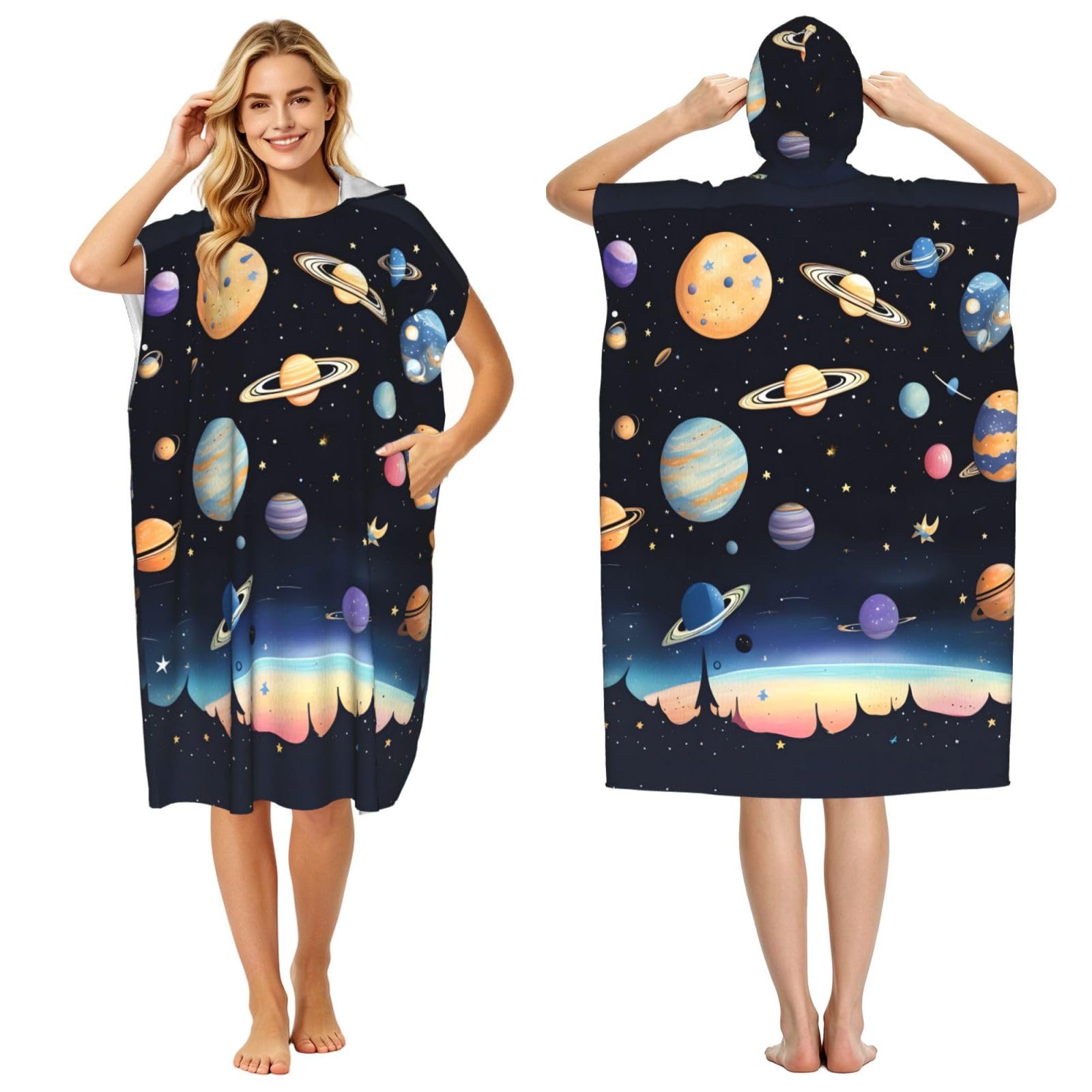 Zaixiansj 110cm Saturn Jupiter Earth Print Adult Changing Robe Hooded Towel Poncho Surf Swim Beach Cover Up with Pockets