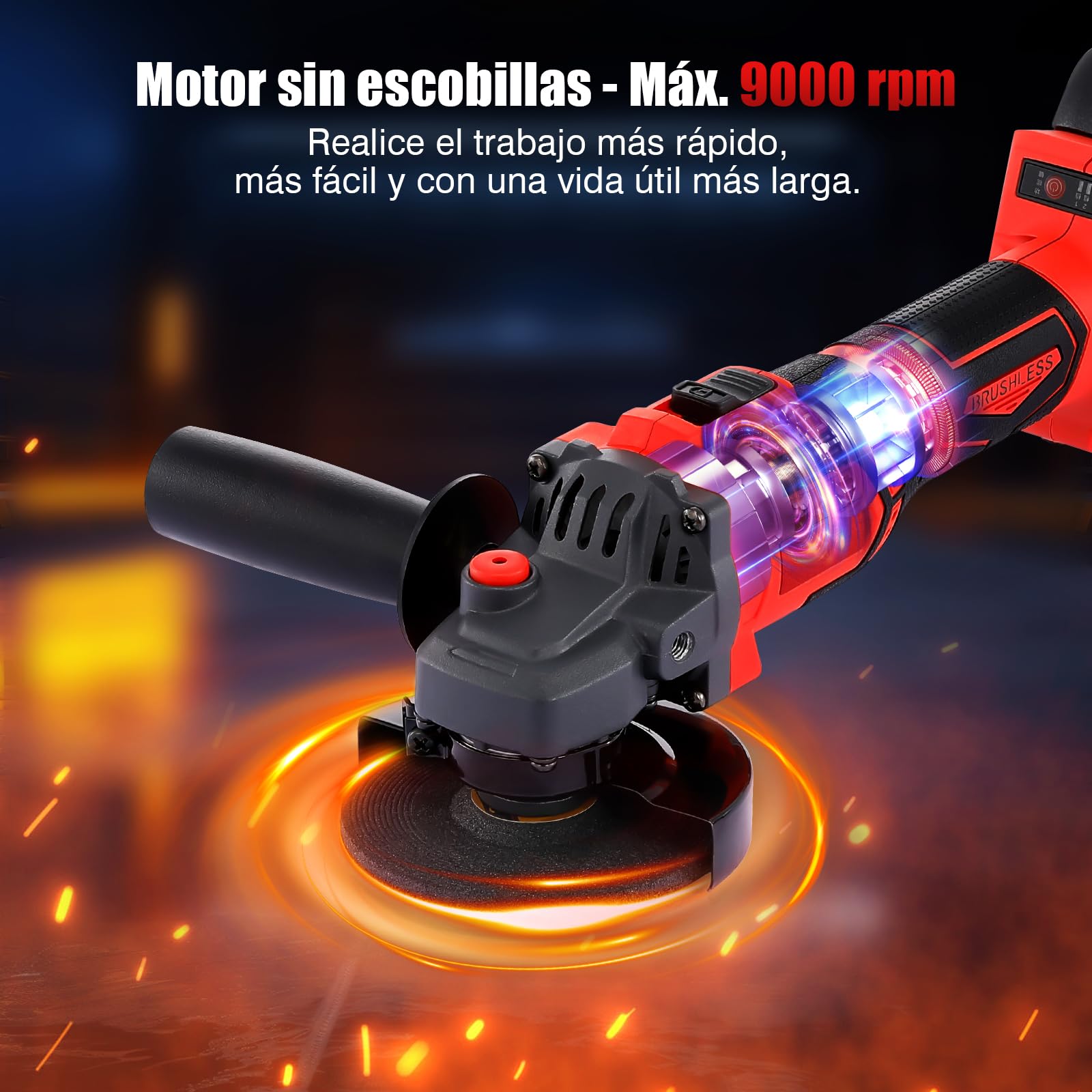 Geevorks 21V 125MM Amoladora Bateria, 9000RPM Amoladora Angular a Batería, | con 2 Baterías 4.0 Ah y Cargador Motor sin Escobillas Empuñadura Auxiliar Buena Disipación del Calor