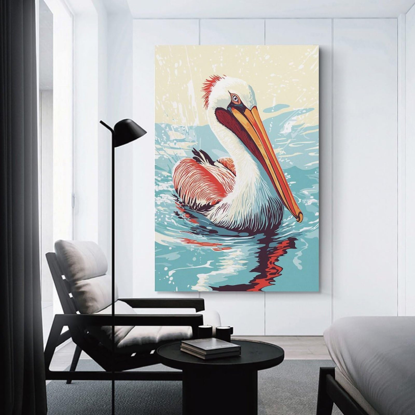 Junmoney Decorative Canvas Print Pelican in Water Illustration, 20x30inch(50x75cm), for Living Room, Bedroom Or Home Office, Home Decor Gift with Stylish Appeal