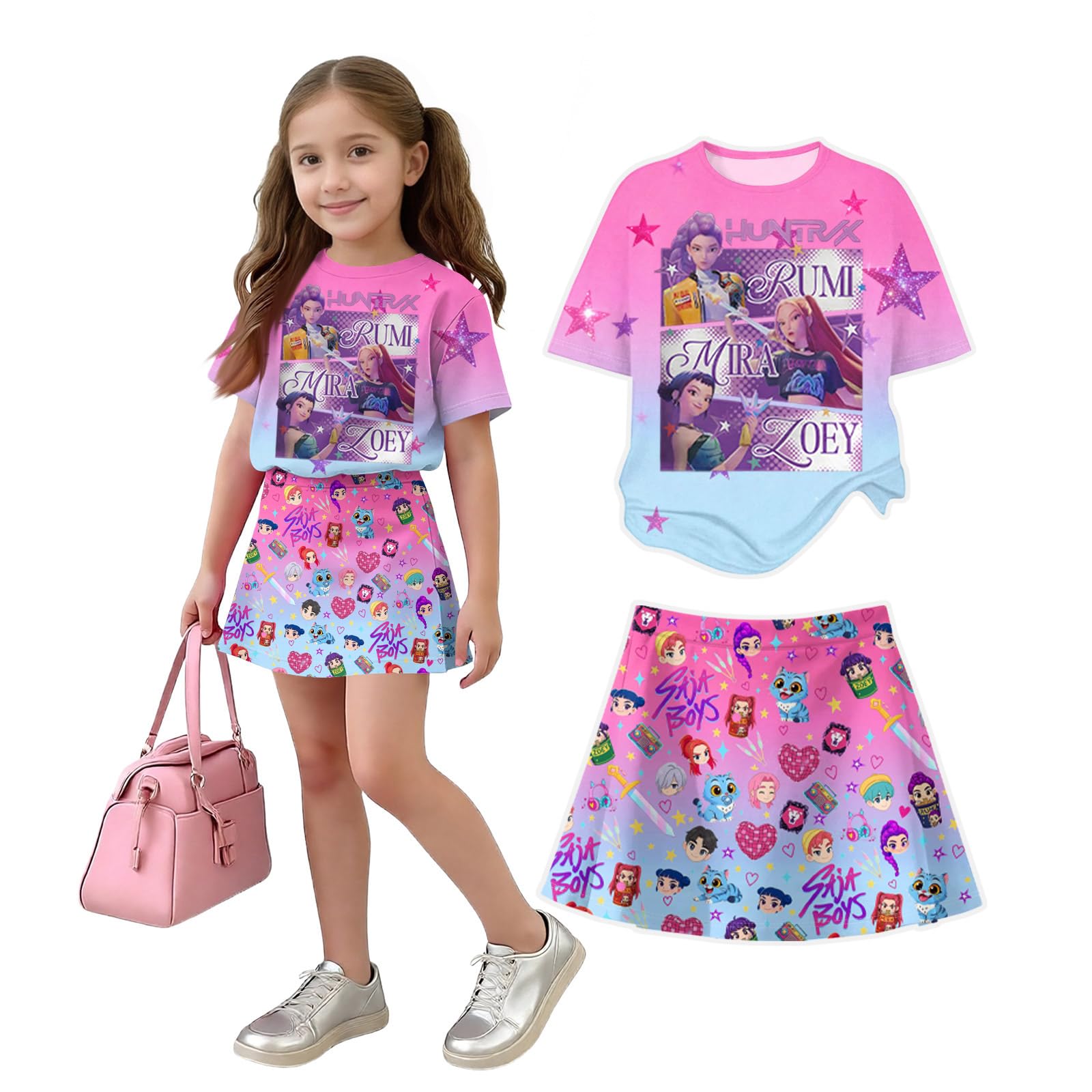 K Pop Short Sleeve T-Shirt and Skirts Outfits Set for Girls Hunters Girl's Anime Graphic Tees De-Mon Summer Sets — view 30
