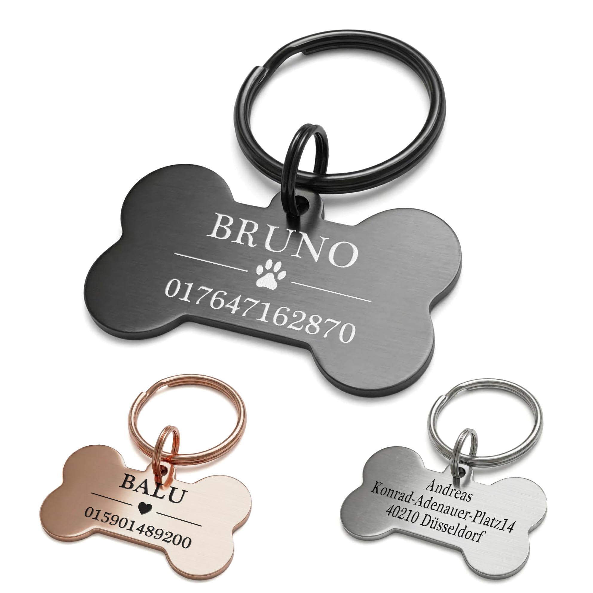 TMT Hundemarke Knochen mit Gravur Edelstahl Hunde Anhänger, wetterfest, Hundehalsband mit Namen und Telefonnummer, Hundemarke personalisiert mit Symbolen