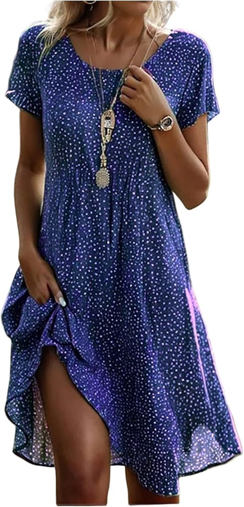 Amazon.com: Summer Outfits for Women Knee Length Dresses 2025 Short Sleeve  Midi Formal Womens Casual Floral Tshirt Dress with Sleeves Petite Plus Size Flowy  Sun Blue S : Clothing, Shoes & Jewelry
