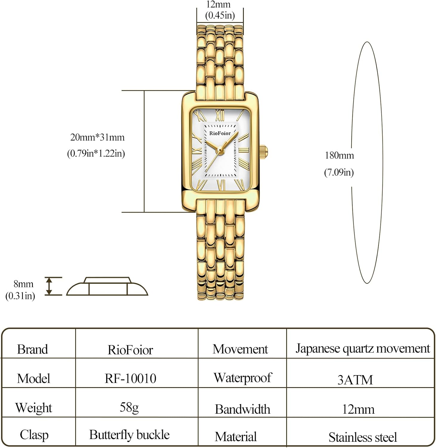 Gold Watches for Women with Rectangular Case Roman Dial,Stainless Steel Band,Waterproof.Adjustment Tool Included - Image 4