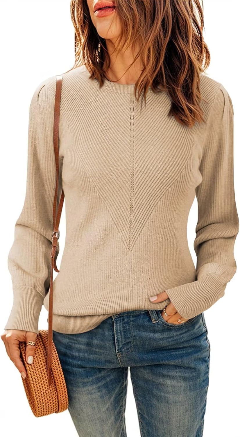 Dokotoo Womens Ribbed Knit Long Lantern Sleeves Sweater Crewneck Casual Slim Fit Pullover Jumper Tops