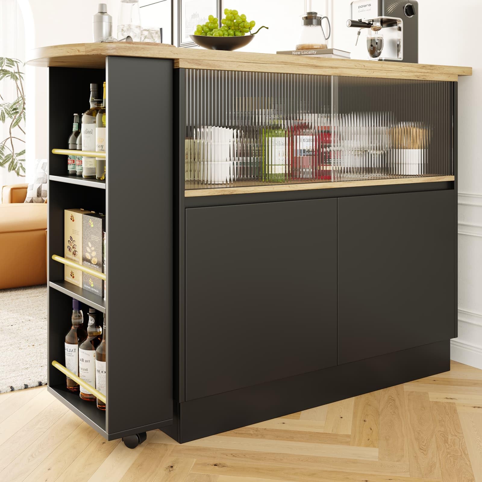 KOMHTOM Table de Bar Extensible avec Espace de Rangement, Meuble Bar avec 2 Portes en Verre, Rotation Libre à 360 °, étagères latérales (Noir)