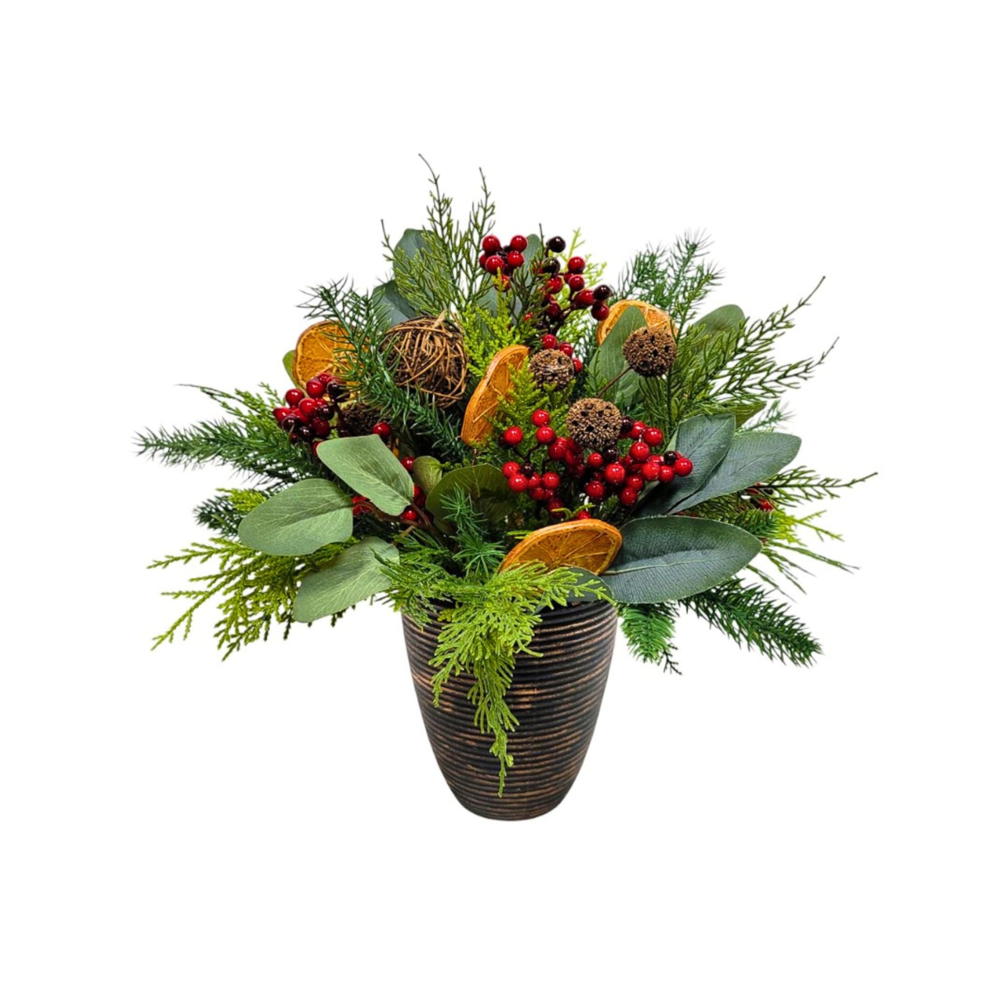 Plante topiaire sapin de Noël 40cm avec baies rouges et orange décorative