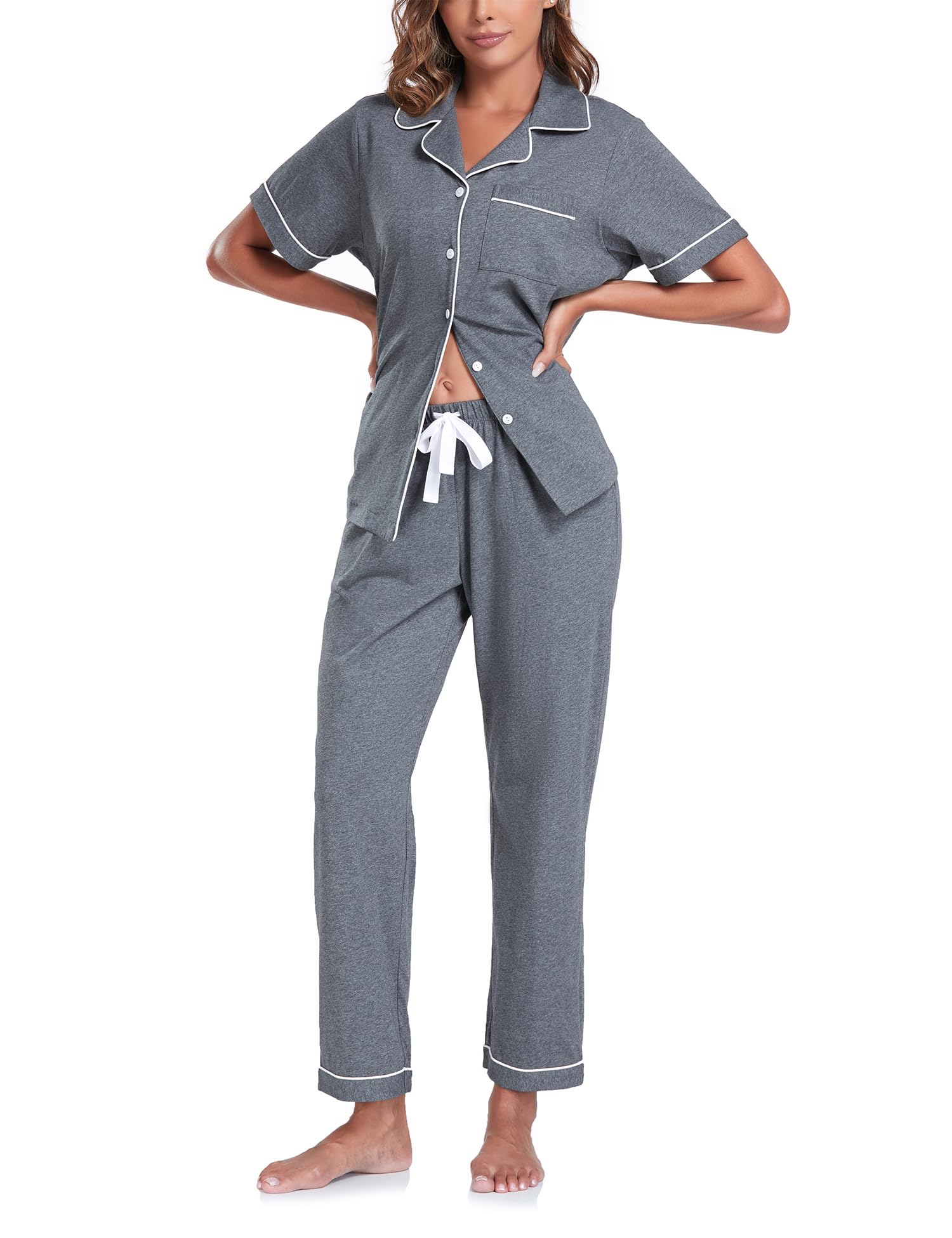 COLORFULLEAF Women's 100% Cotton Pajamas Set Button Down Sleepwear Short Sleeve Shirt and Long Pants Soft Ladies Lounge Sets