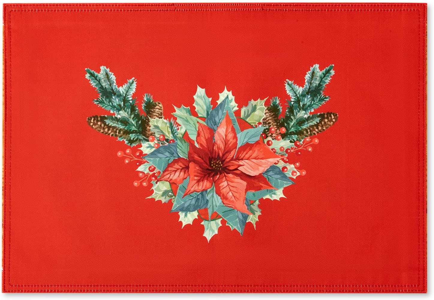 YiHomer Poinsettia Ribbon Engineered Printed Fabric Christmas Tabletop for Xmas Winter Holiday, Christmas Time, Reversible Placemat Set, 13 x 19
