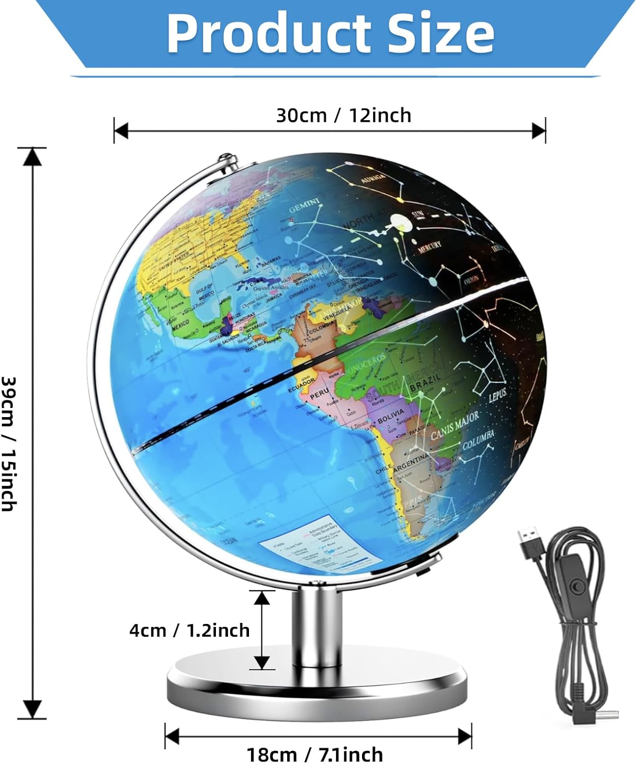 12 Inch Large World Globe With Metal Stand for Adults and Children | 360° Waterproof Writable Desktop Geographic Globe With Led Light, Educational Globes for Classroom [No Assembly Required]