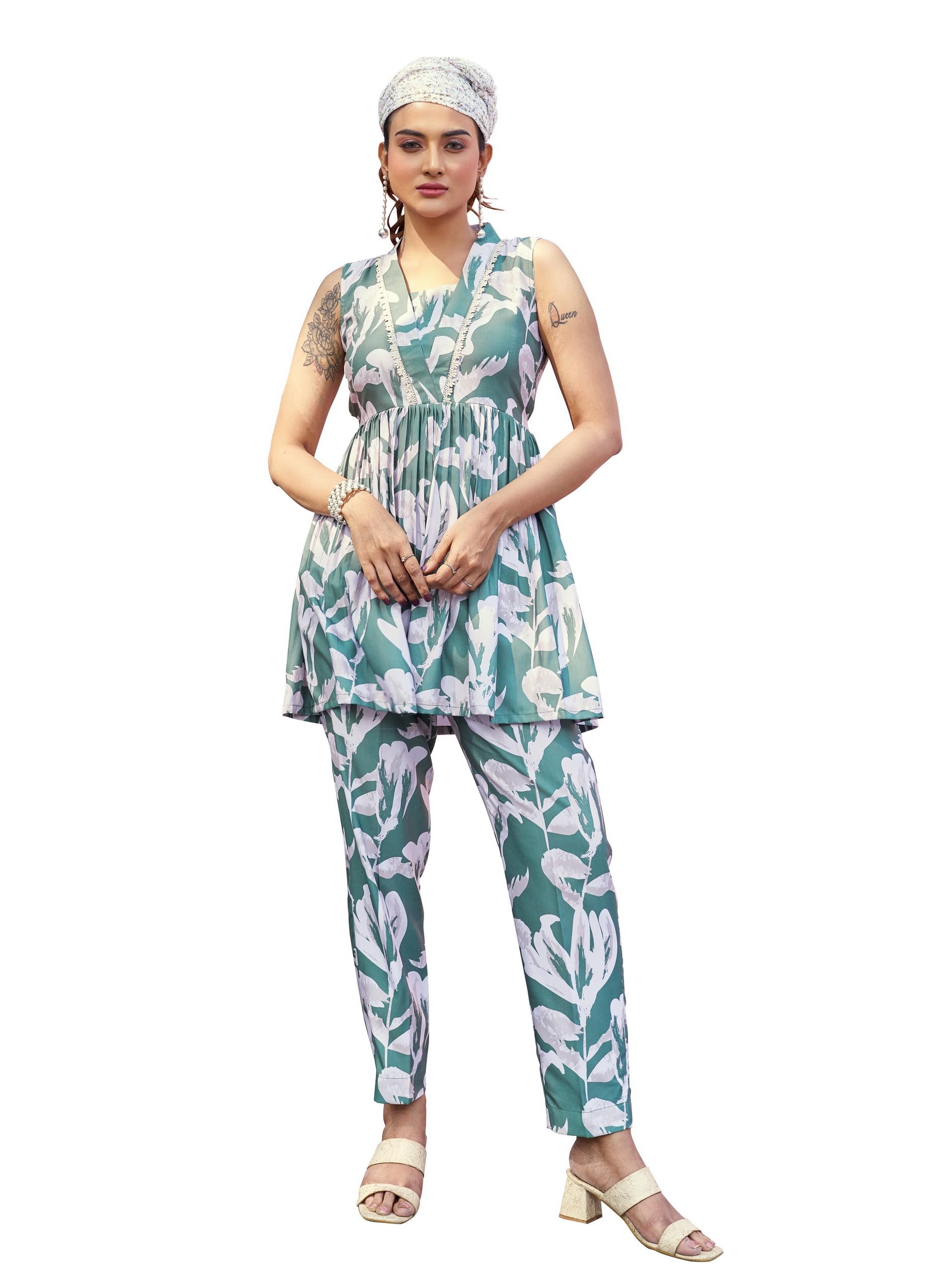 Women's Printed Viscose Rayon Green Top Trousers Co-Ords(VC_5048CO)-image-16