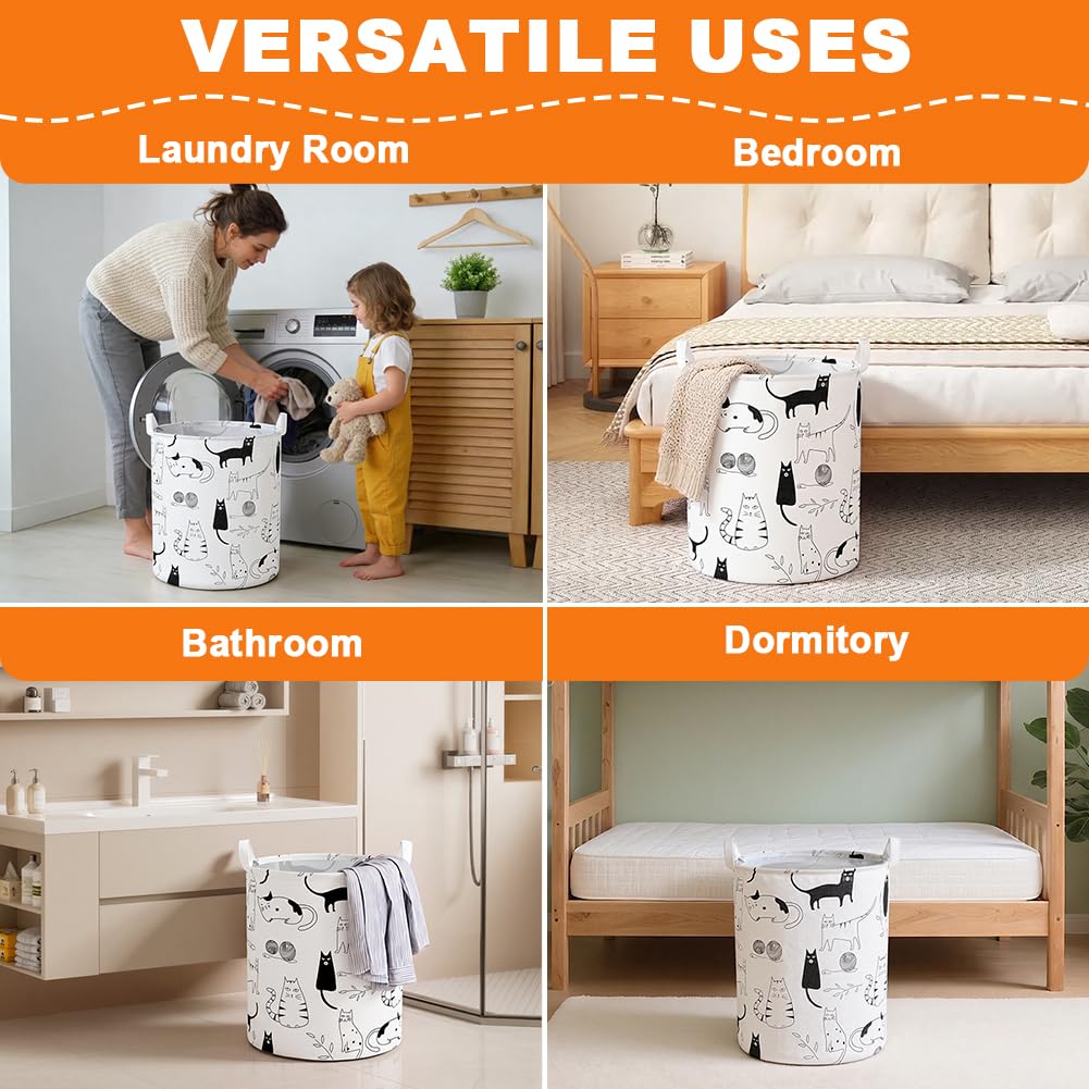 AUAUY Cesta Plegable Colada, 40 * 50CM, Cubo Grande Ropa con Asas, Impermeable Sucia Ligero Cilíndrica, Organizador de Dormitorios, Salas Estar, Baño de Ropa, Sábanas y Juguetes (Gato de Lana)