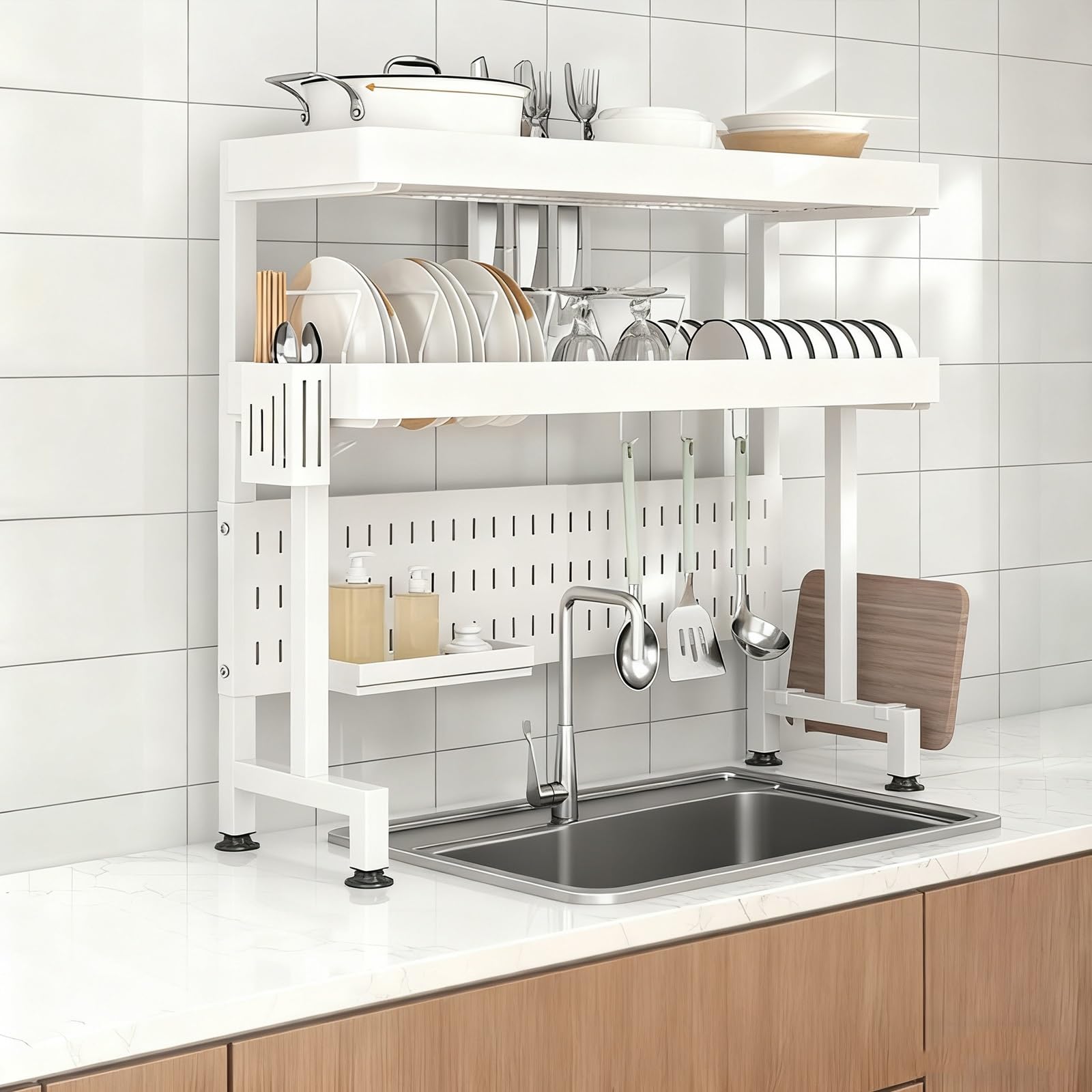 Scolapiatti sopra il lavello, scolapiatti a 2 livelli in acciaio inox con portautensili, grande organizer da cucina per piatti e piatti, 86,1 cm
