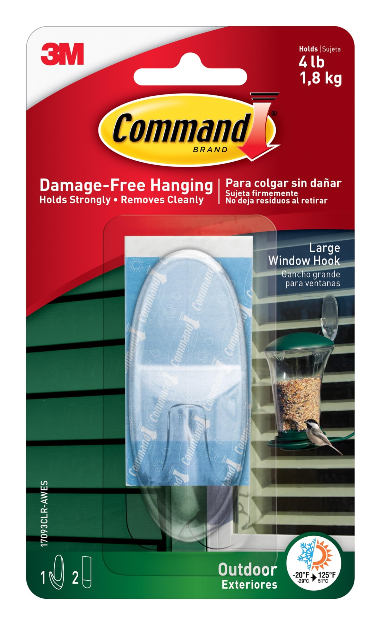 Command Outdoor Large Clear Wall Hooks, 1 Hook and 2 Command Strips, Damage-Free Hanging Wall Hooks for Hanging Christmas Decorations with Weather Resistant Strips, Holds up to 4 lb