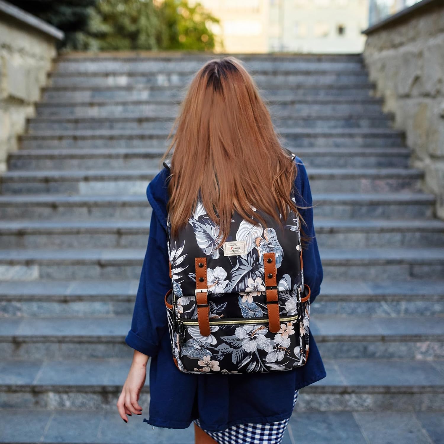 Ronyes Vintage Backpack for Women Men, Laptop Backpack 15.6 inch Bookbag Casual Daypack for College Work, Black with Flower Pattern - Image 2