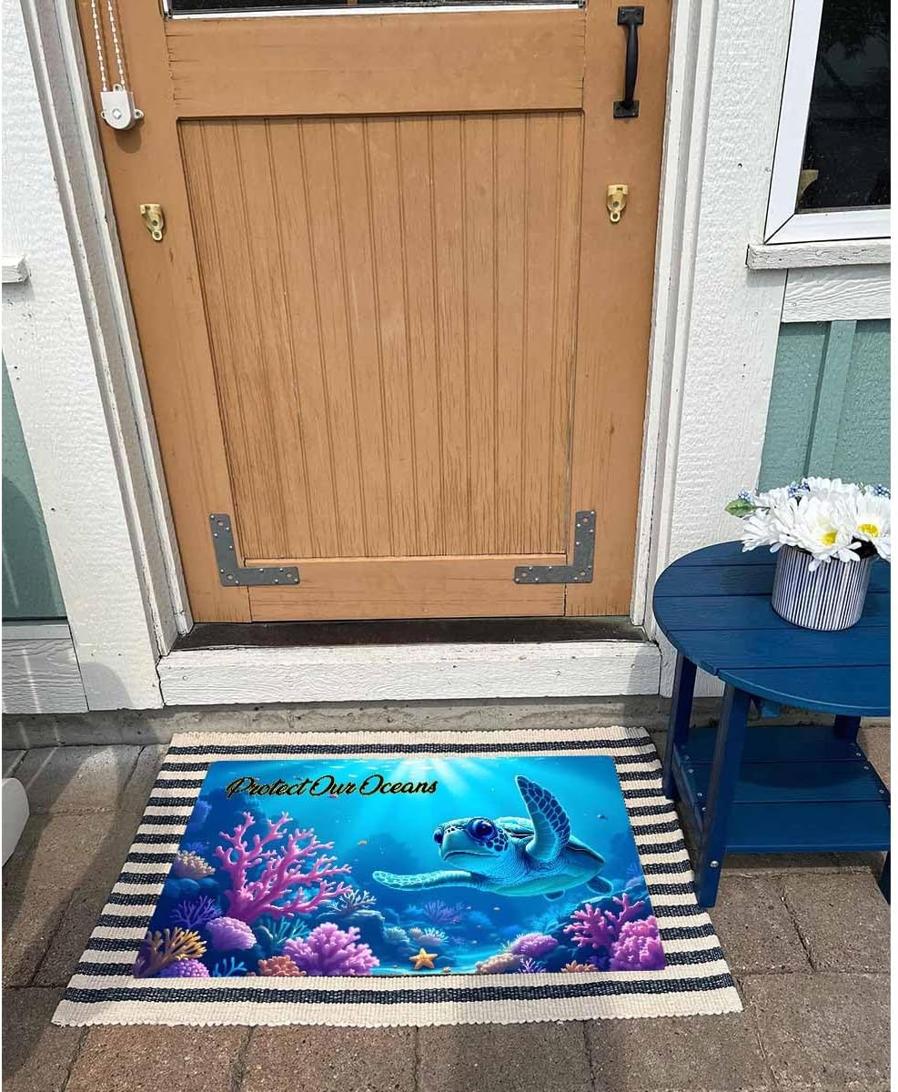 Funny Welcome Doormat Home Decor Rugs with Rubber Back (18 x 30)inch Eco-Friendly Ocean Turtle Protect Our Oceans Doormat For Entrance Way Indoor Front Porch Mats Front Door No Slip Kitchen Mats