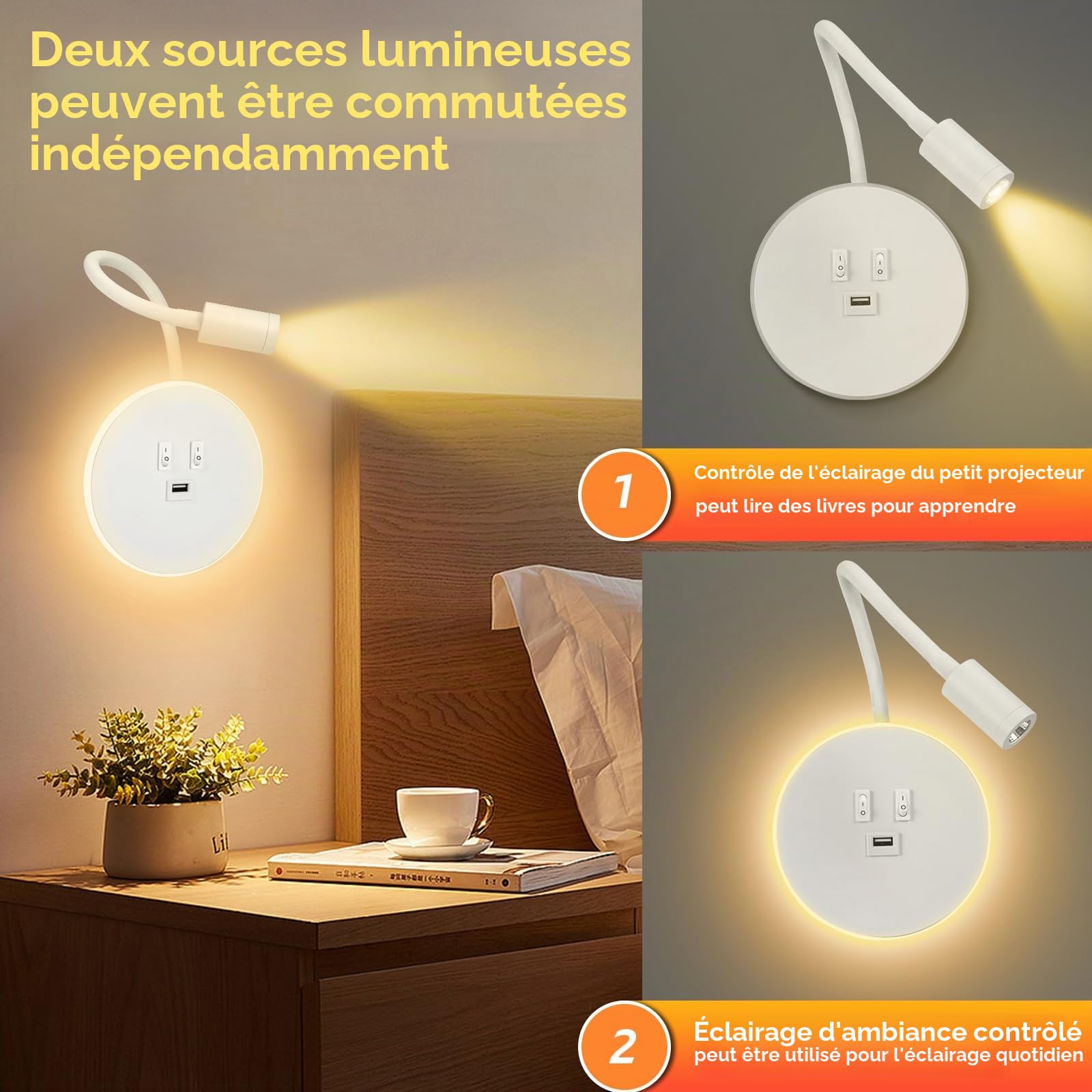 2PCS Applique Murale Interieur LED, Lampe de Lecture avec interrupteur, Liseuses Murales de Chevet Réglable avec Port de Charge USB, 3000K Lecture de Chevet Applique Murale pour Chambre Salon (Blanc)