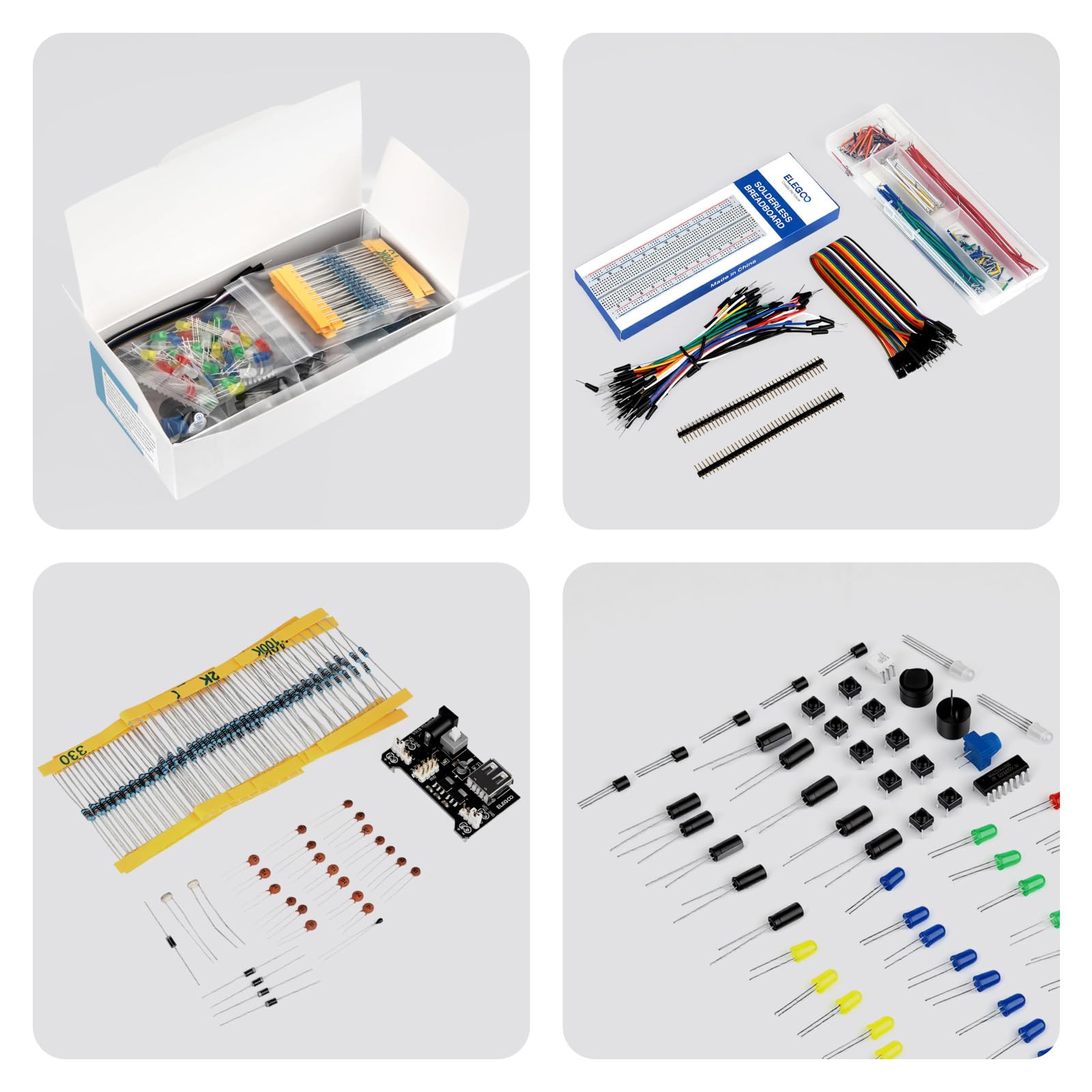 ELEGOO Kit Électronique Mis à Jour avec Module d'alimentation, Câbles Jumpers, Potentiomètre de précision, Plaque de Test 830 Points pour Mega Nano et STM32