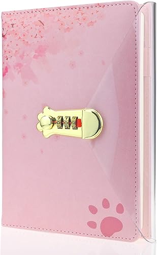 MAZERAN Diario con cerradura de combinación en forma de pata de gato, cuaderno de tapa dura de piel sintética, lindo diario, con forro A5, bloqueo