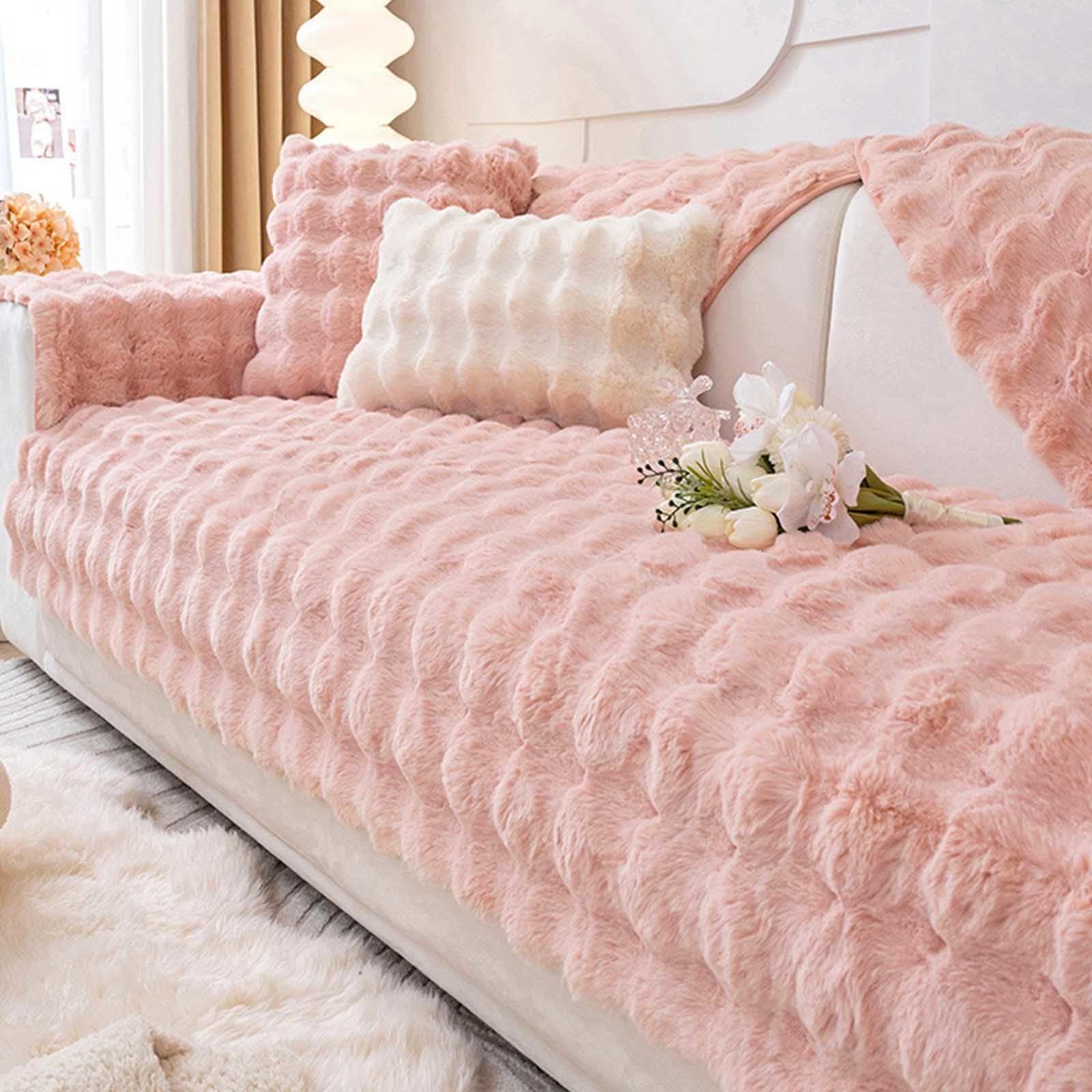 Racib Pink Fuzzy Corner Non Slip Sofa Cover, Waterproof, L Shape 1-4 Seater, 70 * 70cm