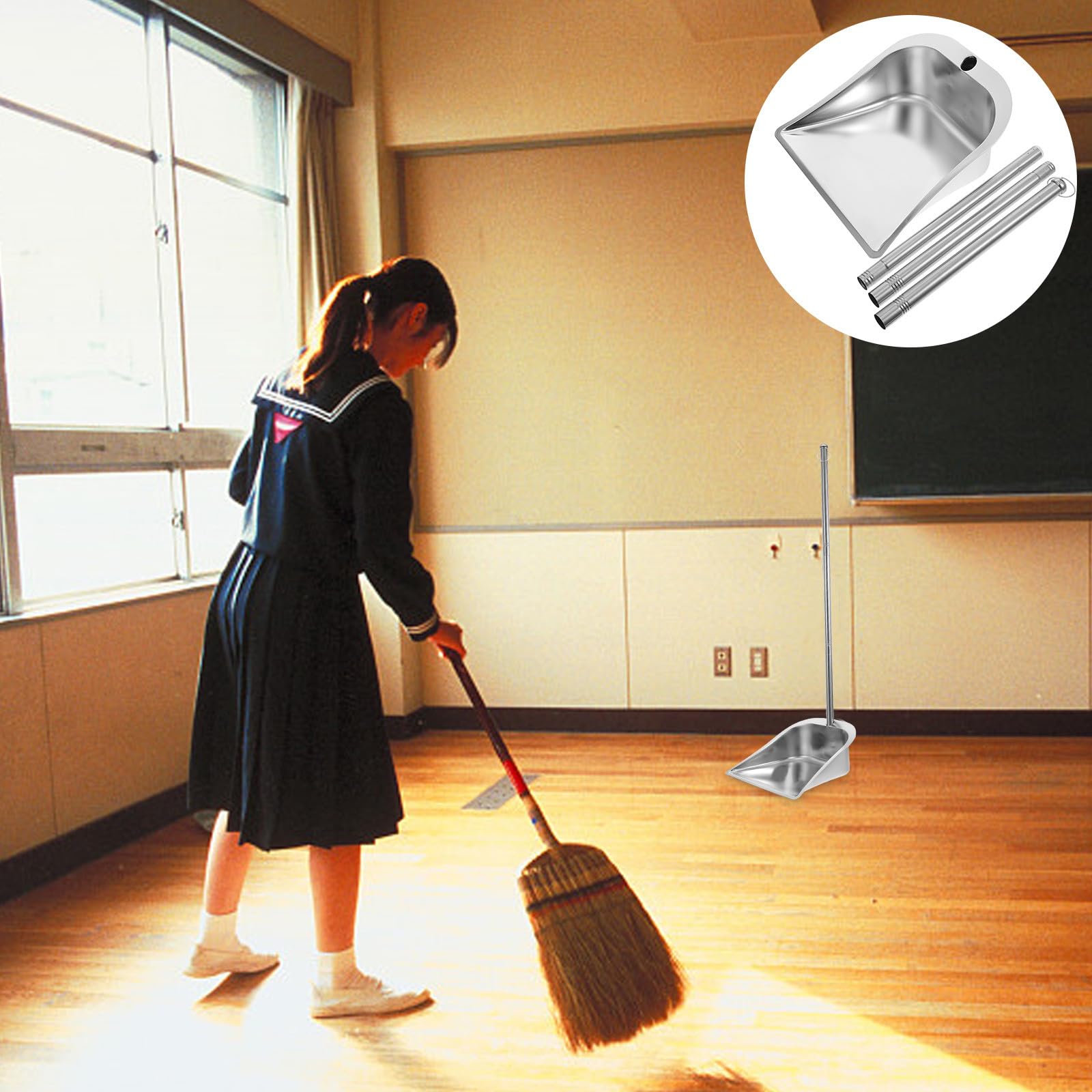 Genérico Pala de Basura Doméstica de Acero Inoxidable Grueso Mango Ergonómico de Tres Secciones, Recogedor de Limpieza para Cocina y Hogar, Herramienta Práctica para Manejo sin Agacharse