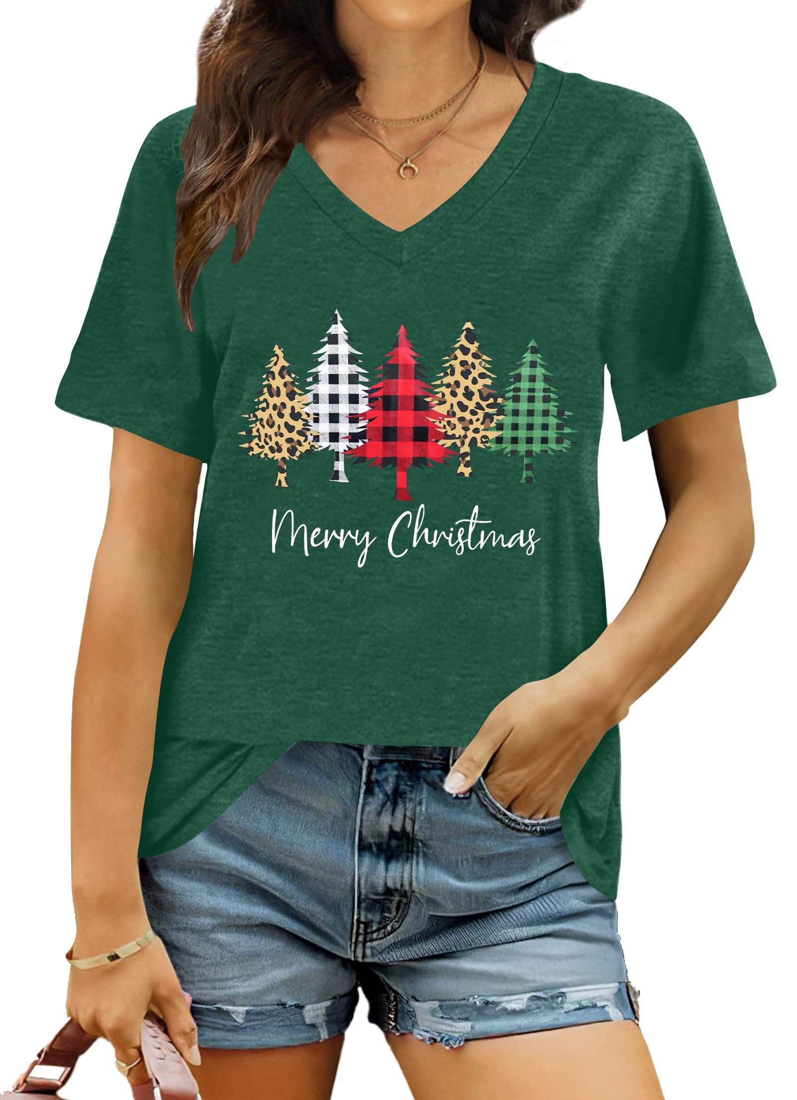 hohololo Weihnachts Tshirt Damen Christmas Shirt Merry Christmas V-Ausschnitt-T-Shirt