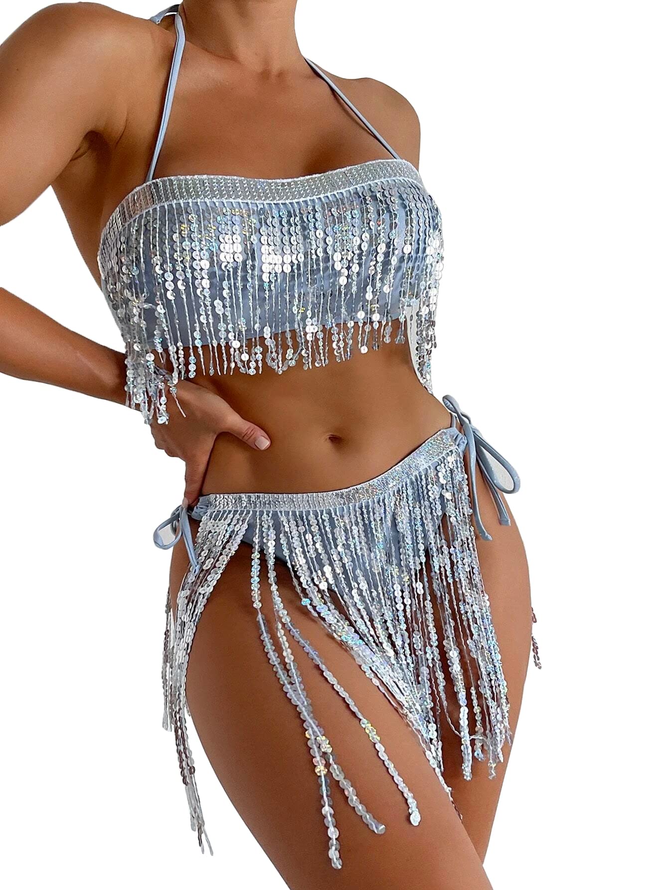 FlatterMeBikini Sets Contrast Sequin Fringe Trim Halter Tie Side Swimsuit