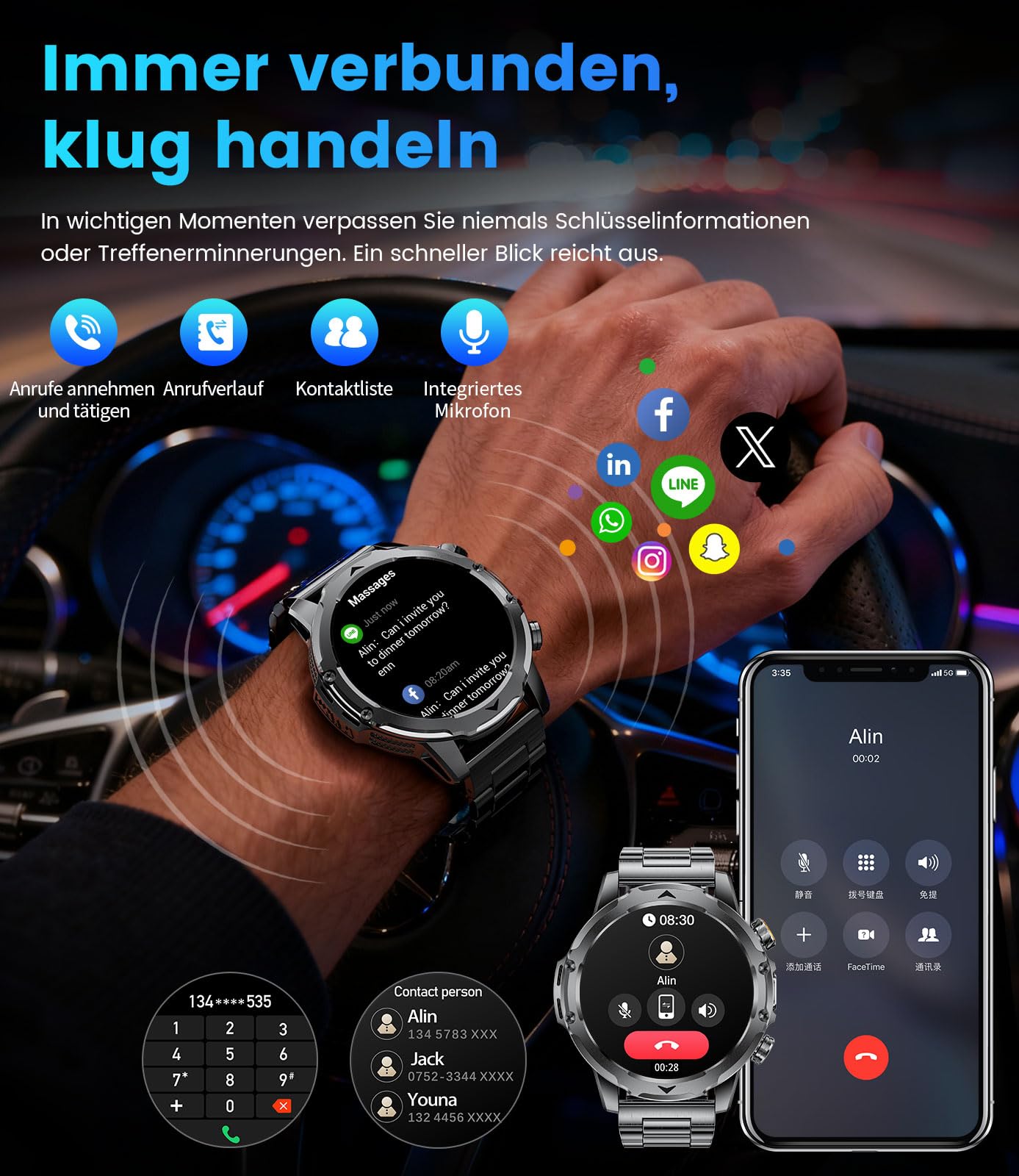 FITFLEX Smartwatch Herren, 1000mAh 1,53" HD LED-Lampe IP68 120+ Sportmodi | 24/7 Heart Rate/SpO2/Sleep Monitor, Bluetooth Calling, für Android/iOS, 3 Interchangeable Bands