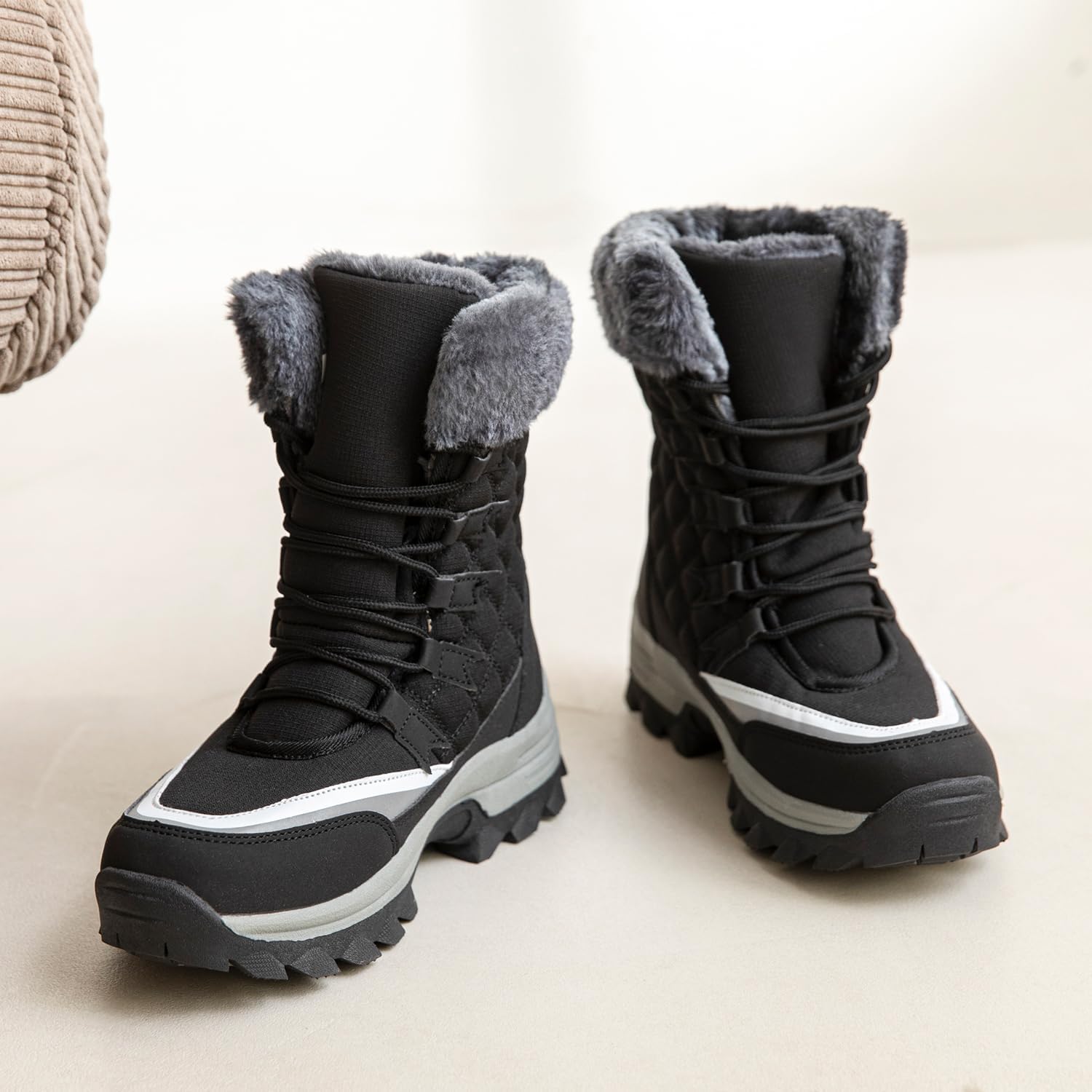 kkdom Women 's Snow Boots Lightweight Lace-Up Winter Boots Mid-Half Hiking Boots Cold Weather Outdoor Shoes