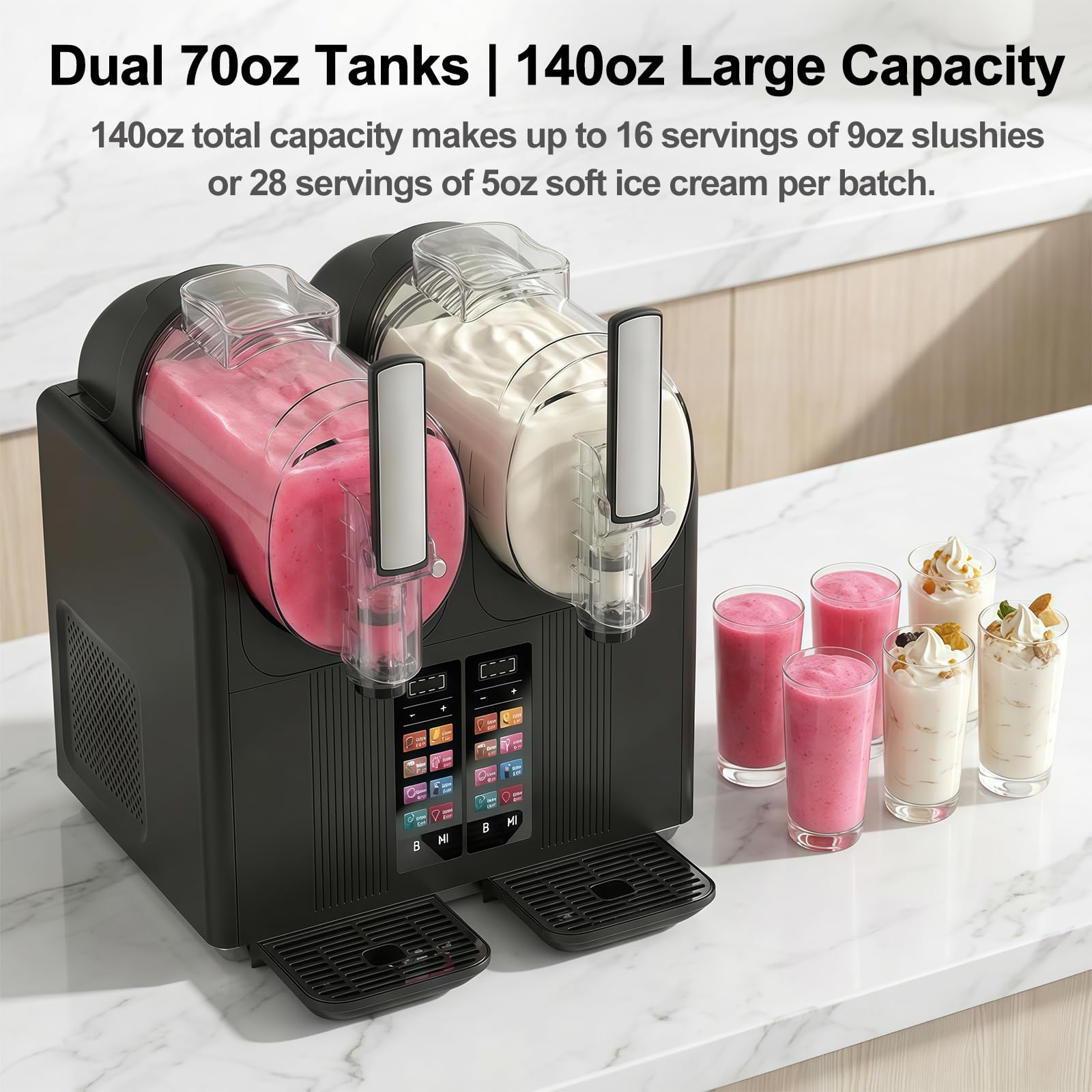 Slush Eis Maschine & Eismaschine 2-in-1, Zwei Tanks, Schwarz | 7 Voreingestellte Programme, Für Margaritas, Frappés, Milchshakes, Selbstreinigung, Privater und Gewerblicher Gebrauch