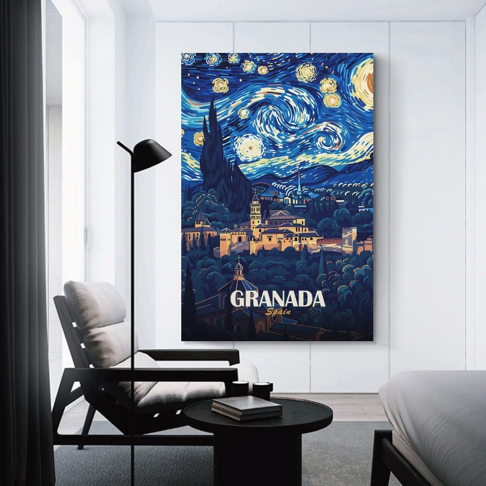 Junmoney Granada, Spain - Starry Night Style Canvas Wall Art 24x36inch(60x90cm), for Study, Office Or Focused Interiors, Home Office Artwork with Decorative Appeal