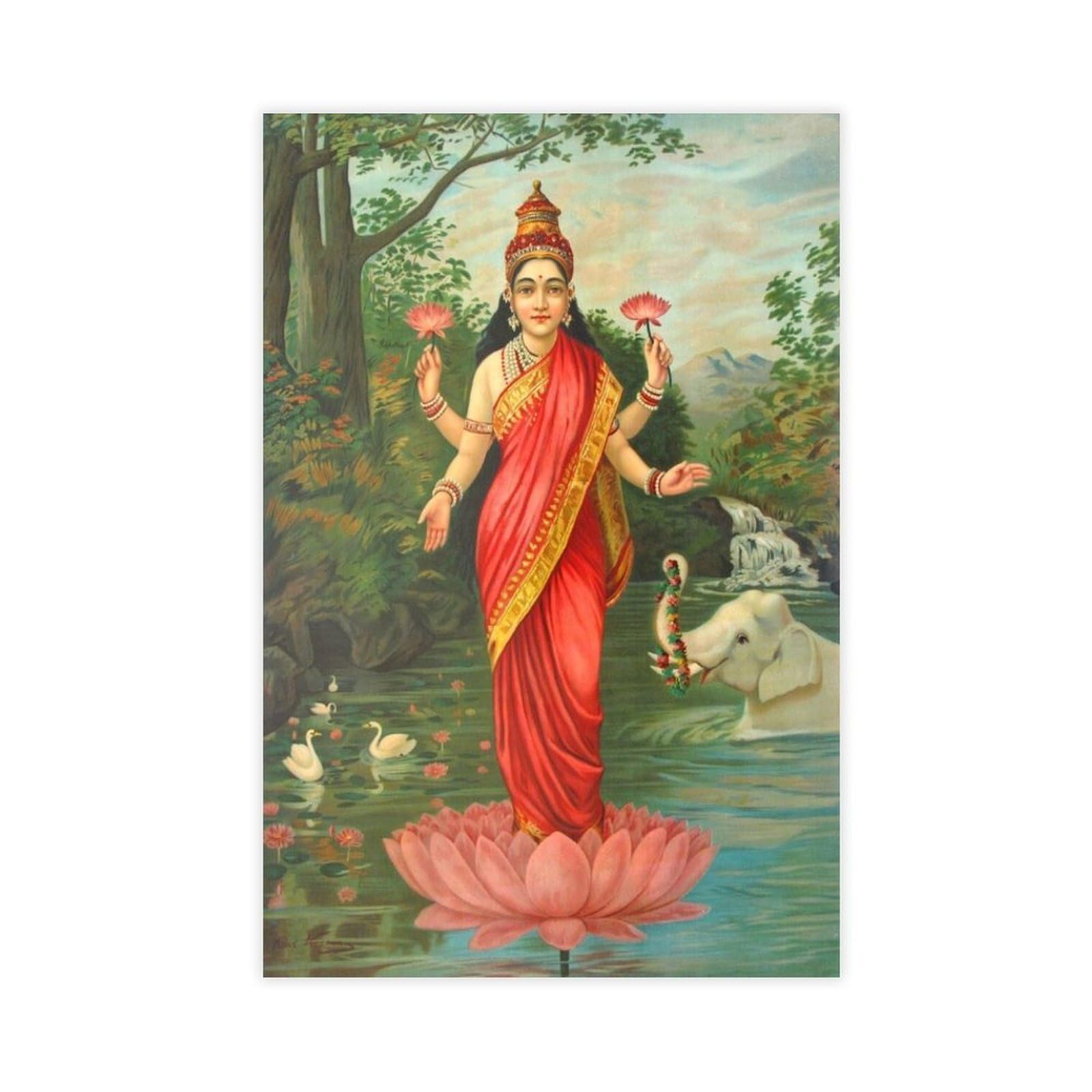 Piank Goddess Lakshmi - Raja Ravi Varma Poster Bedroom Canvas Decor Print Wall Art Office Room Aesthetic Decor Gift 16X24inch(40X60cm)