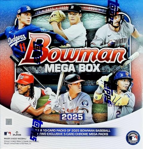 2025 Bowman Baseball Factory Sealed MEGA Box. 50 Cards. Find 10 MEGA BOX Exclusive MOJO REFRACTOR CHROME Parallels. Chase autographs, relics, and rookies. Look for 1st Bowman Chrome Prospect Cards of top minor leaguers.