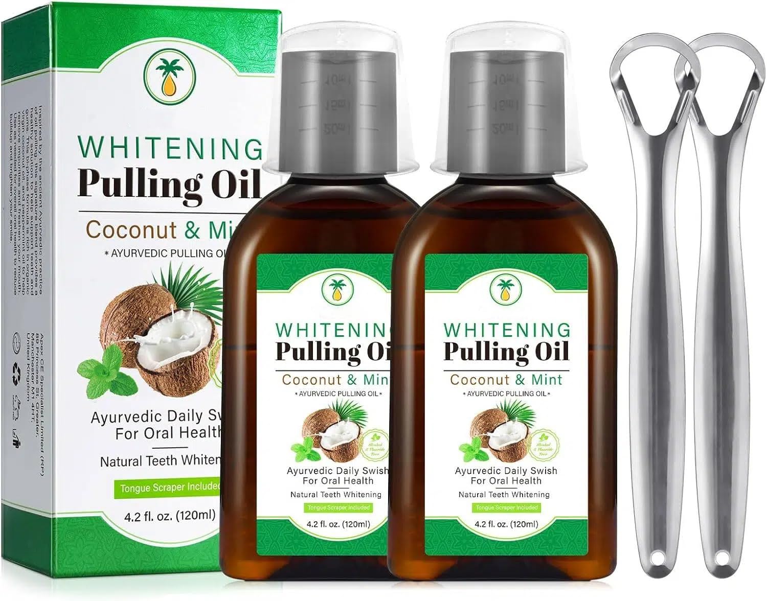 Coconut Mint Oil Pulling, 2 Pack Whitening Oil Pulling Mouthwash for Teeth and Gums with Tongue Scraper &Measuring Cup, 100% Natural& Alcohol Free Help Fresh Breath