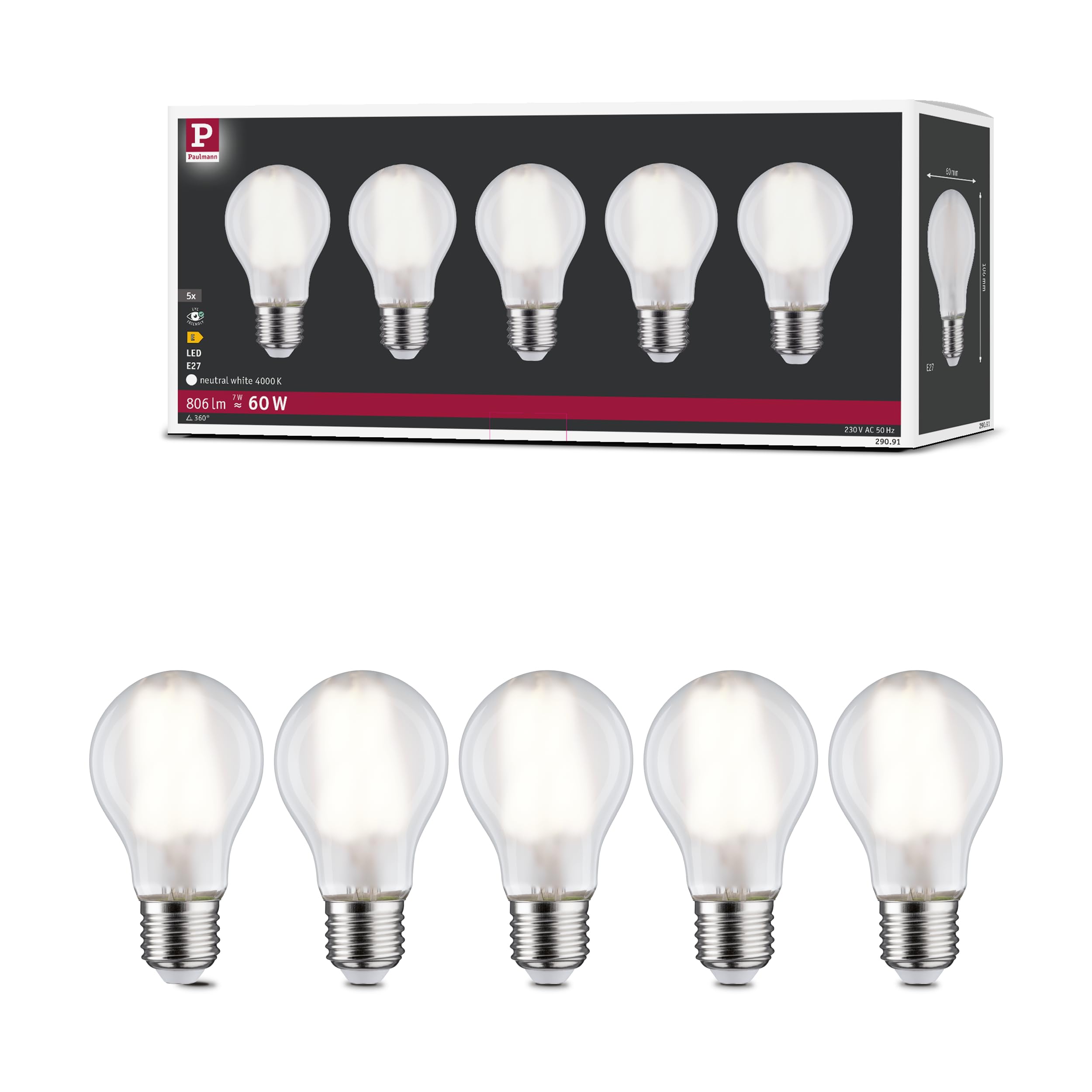 Paulmann 29091 Filament LED Birnen‑Set, E27, 5er-Pack, 5x7W, 5x806 lm, 60 mm, mattes Glas, 4000K, 230V