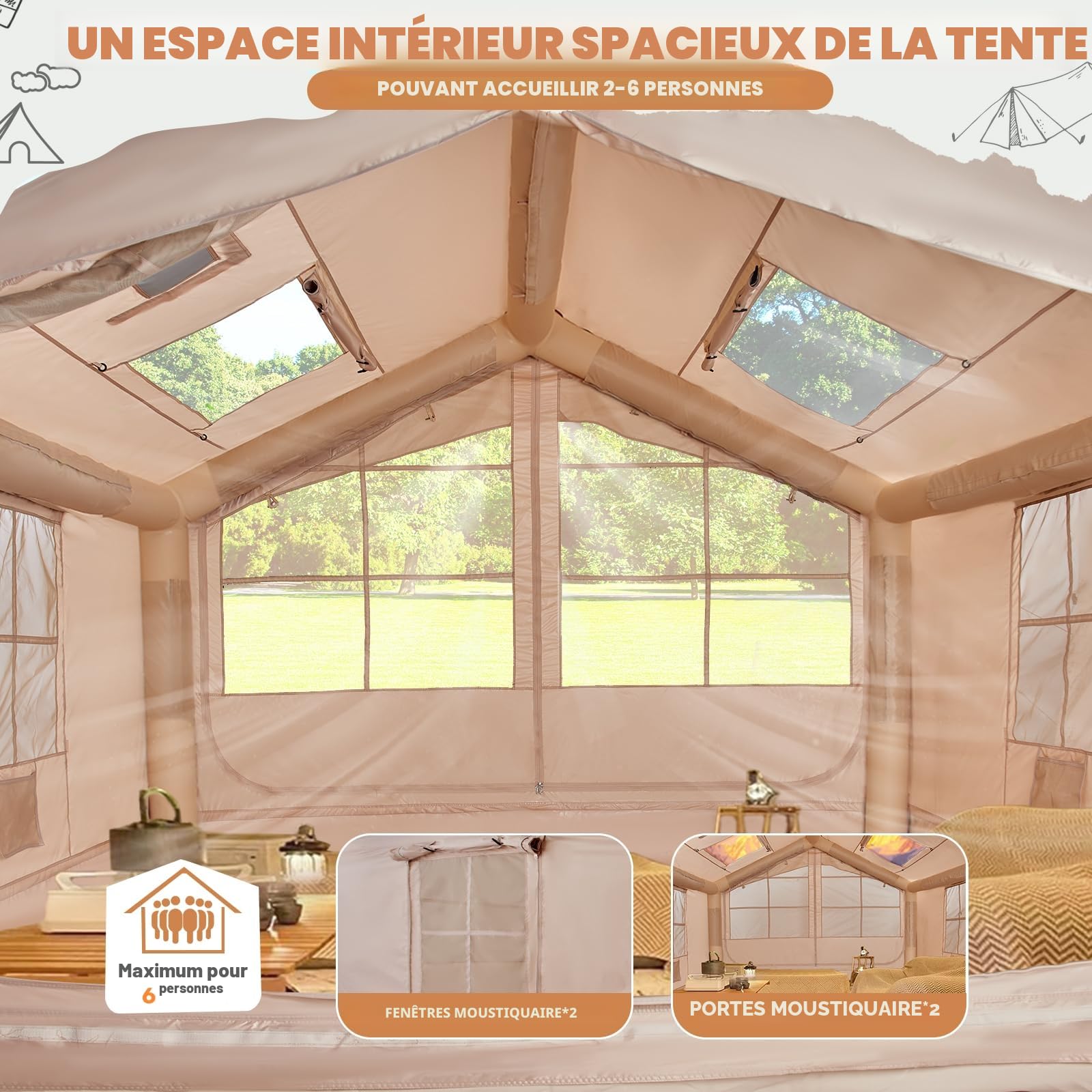Tente de camping gonflable avec ouverture de cheminée et fenêtre de toit, tente d'extérieur pour 2 à 10 personnes, avec pompe à air, en tissu Oxford imperméable, pour 4 saisons, montage rapide