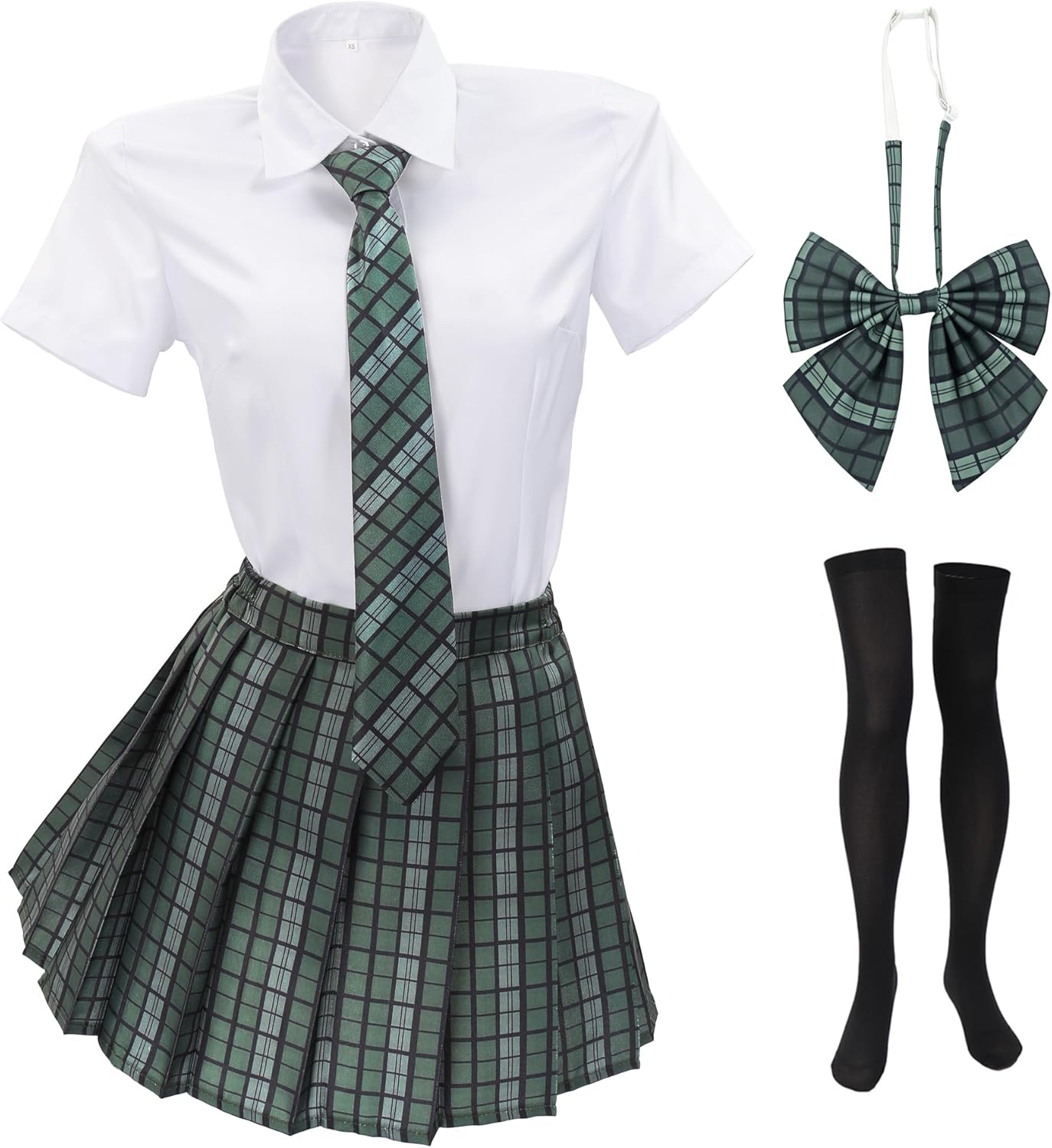 PROCOS Women Japanese Uniform Outfit US Size Costume with Plaid Bow Tie Socks 5 PCS