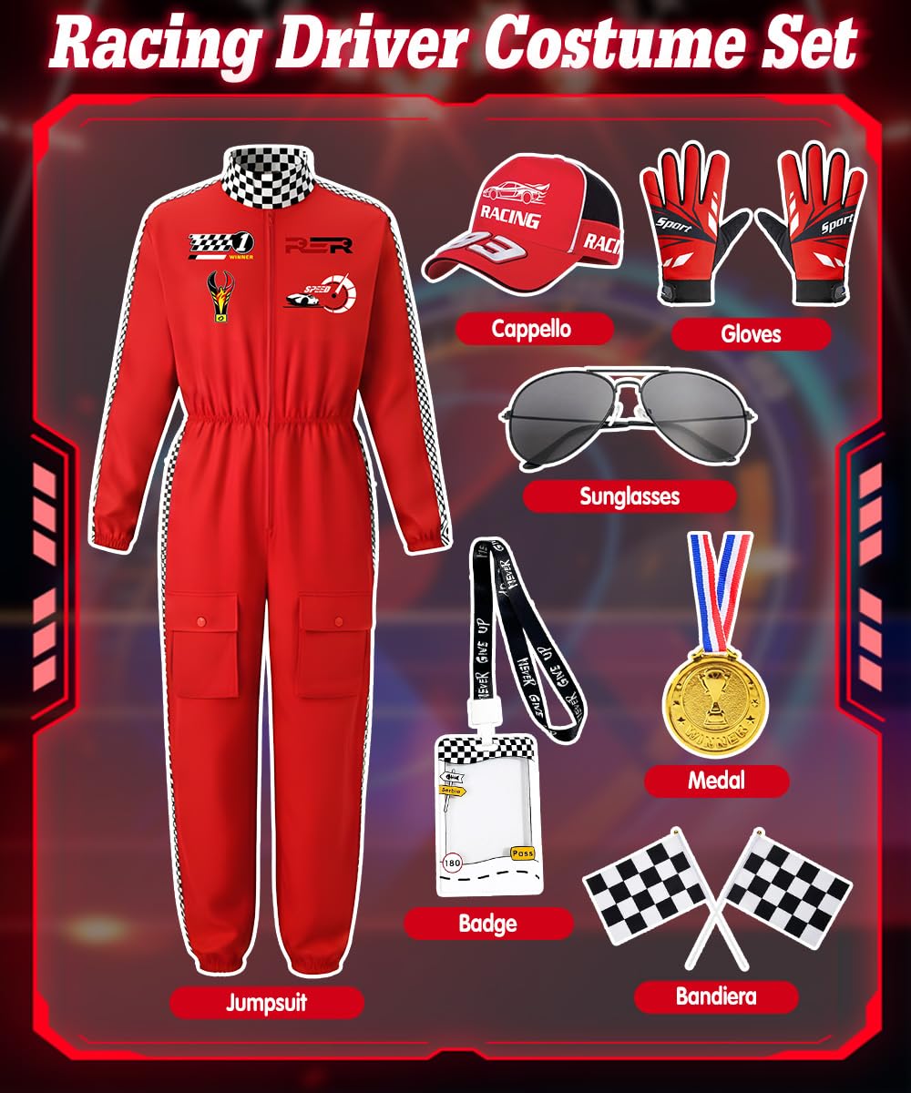 Costume da Pilota di Auto da Corsa per Donna, Racer Overall Outfit con Guanti, Cappello e Occhiali da Sole, Costume da Gioco di Ruolo Adulti, Tuta da Pilota per Carnevale Cosplay Halloween