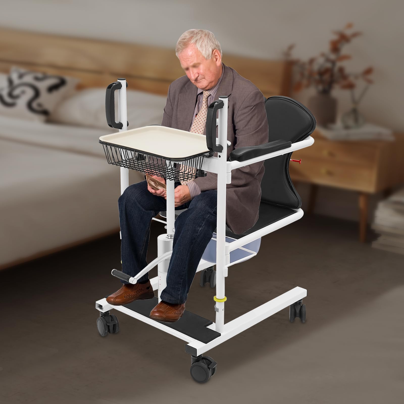 OUKANING Sollevatore idraulico per pazienti, sedia da toilette mobile con portata di 150 kg, altezza regolabile 43-63 cm, sedile pieghevole a 180°, per anziani e disabili