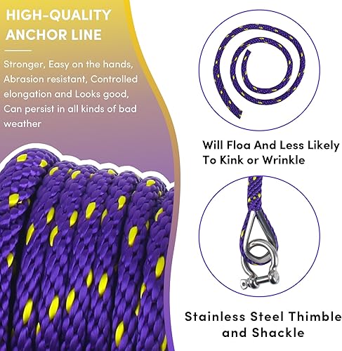 Vista 179 de Cuerda de anclaje premium de 100 pies x 3/8 pulgadas, cuerda marina de línea de anclaje MFP trenzada sólida con dedal y grillete, color negro