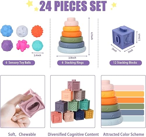 Miniatura 2 de LittleElves Juguetes Montessori 3 en 1 para bebés de 18 meses, juguetes para bebés de 2 años, bloques apilables para bebés, juguetes de dentición
