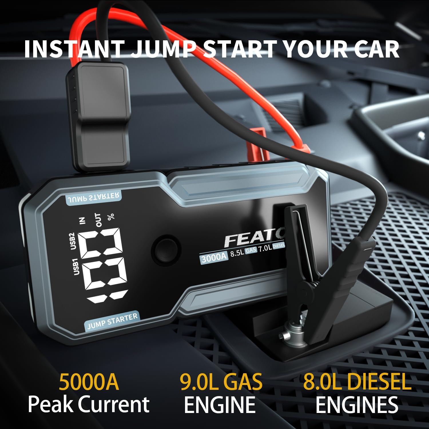 Car Battery Charger Jump Starter, 5000A Jump Starter Battery Booster Pack for Up to 9.0L Gas and 8.0L Diesel, 12V Portable Jump Box with Jumper Cables, LED Light, USB Ports