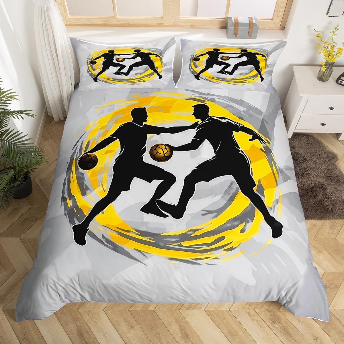 Homewish Handball Silhouette Bettwäscheset 155x220cm Gelb Grau Silhouette Sport Bettbezug für Kinder Handball Liebhaber Bettwäsche Cool Strudel Dynamisch Digitaldruck Bettset Moderne Schlafzimmerdekor
